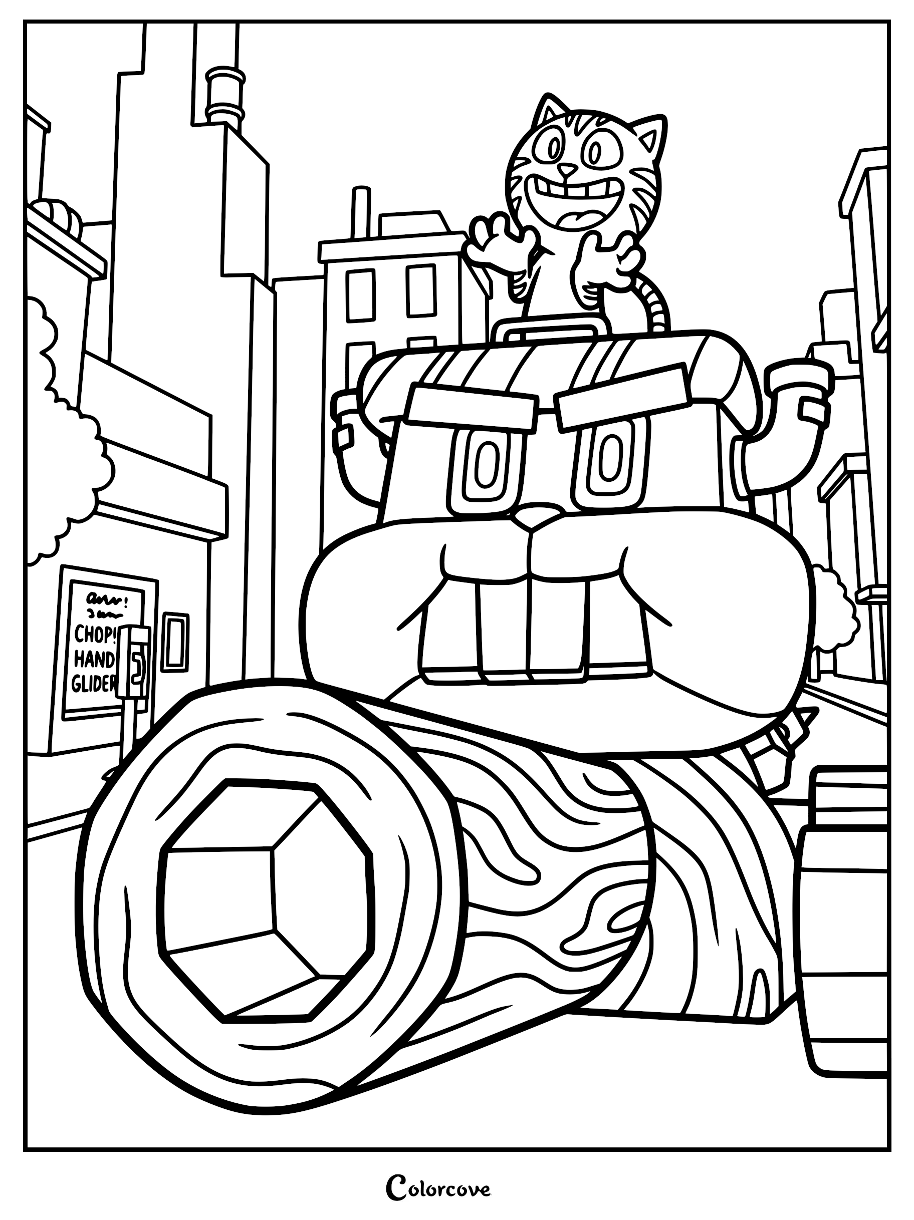 Detailed line art coloring page of Petey the Cat smiling atop a giant beaver robot machine in a city street, featuring a large hollow log in the foreground.