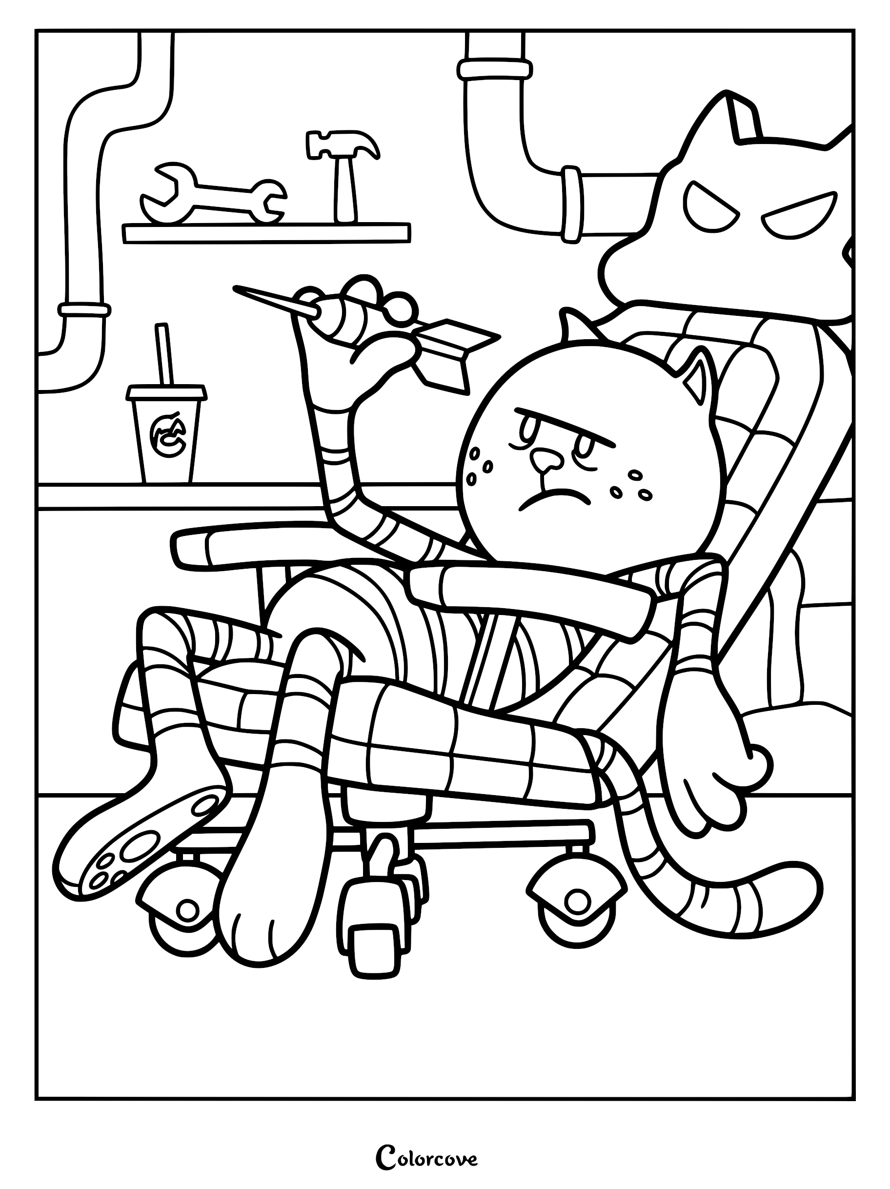 Line art coloring page of Petey the Cat from the Dog Man Movie sitting in a rolling office chair holding a dart inside a workshop with tools.
