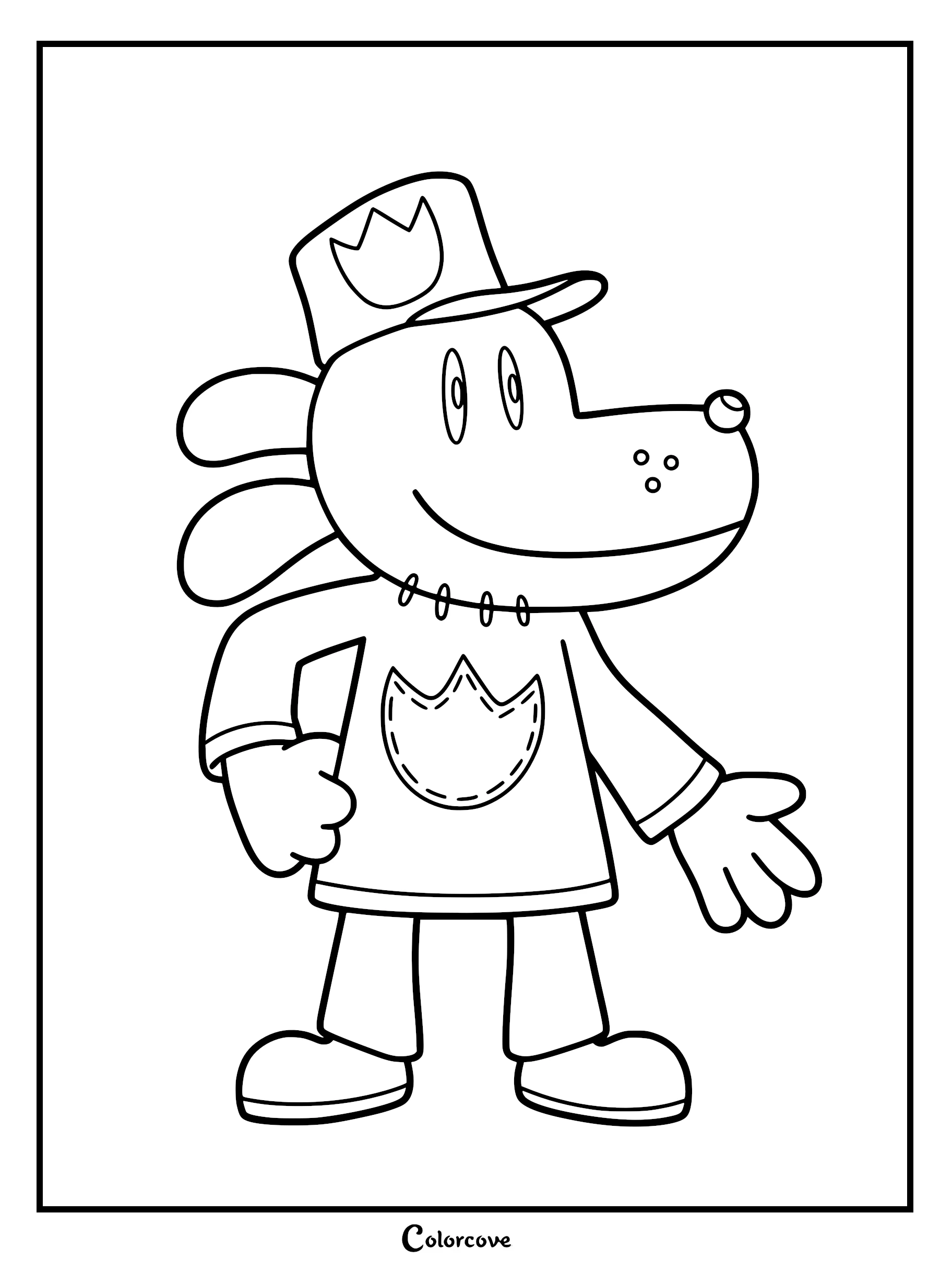 A detailed black and white line art coloring page of Dog Man wearing his signature police hat and badge shirt with a stitched neck.