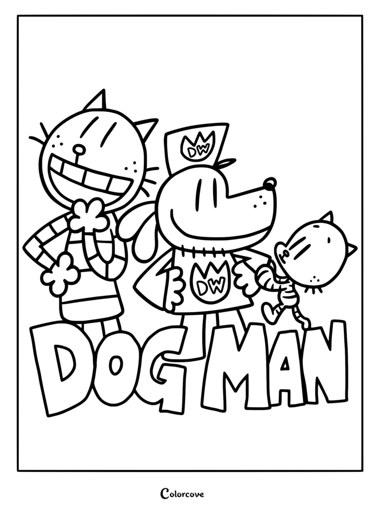 Detailed line art coloring page of Dog Man, Petey, and Li'l Petey standing behind large Dog Man Movie bubble letters.