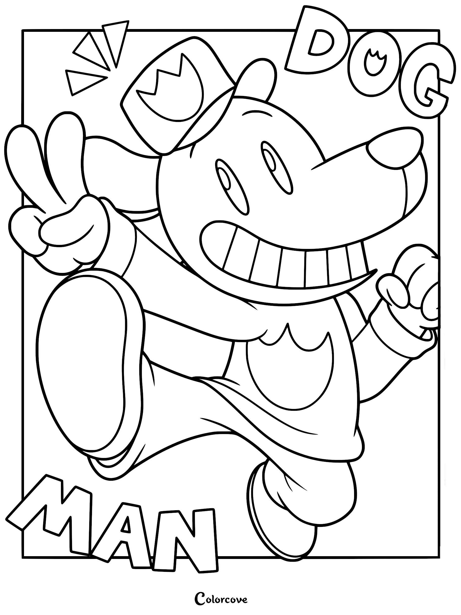 Clean line art coloring page of Dog Man jumping and flashing a peace sign, featuring bold block letter text of his name.