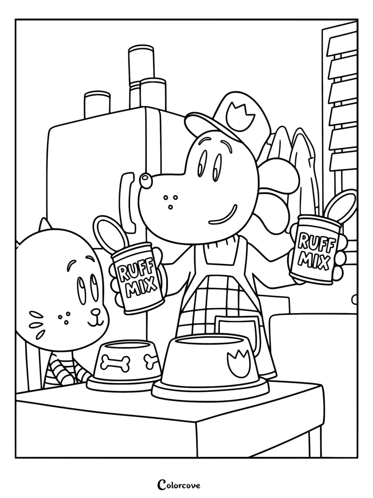 A detailed Dog Man Movie coloring page featuring Dog Man in a checkered apron holding cans of Ruff Mix food for Li'l Petey in a kitchen.