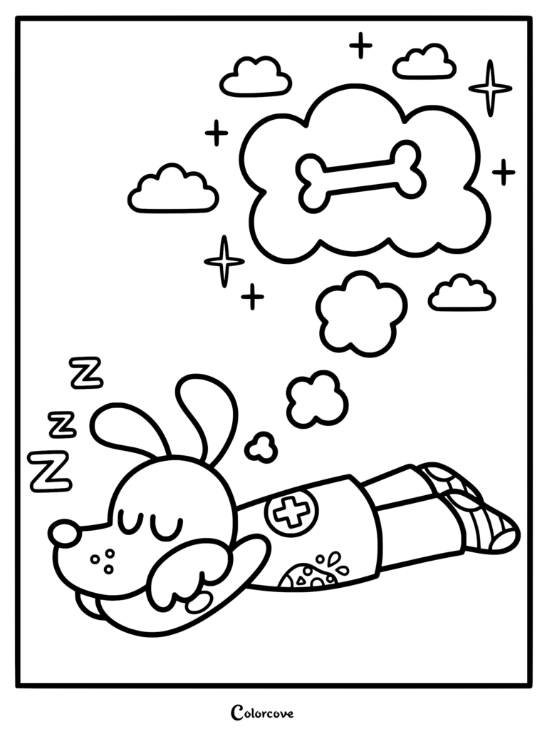 A detailed coloring page of Dog Man sleeping on his stomach with a thought bubble above him containing a large bone, surrounded by stars and clouds.