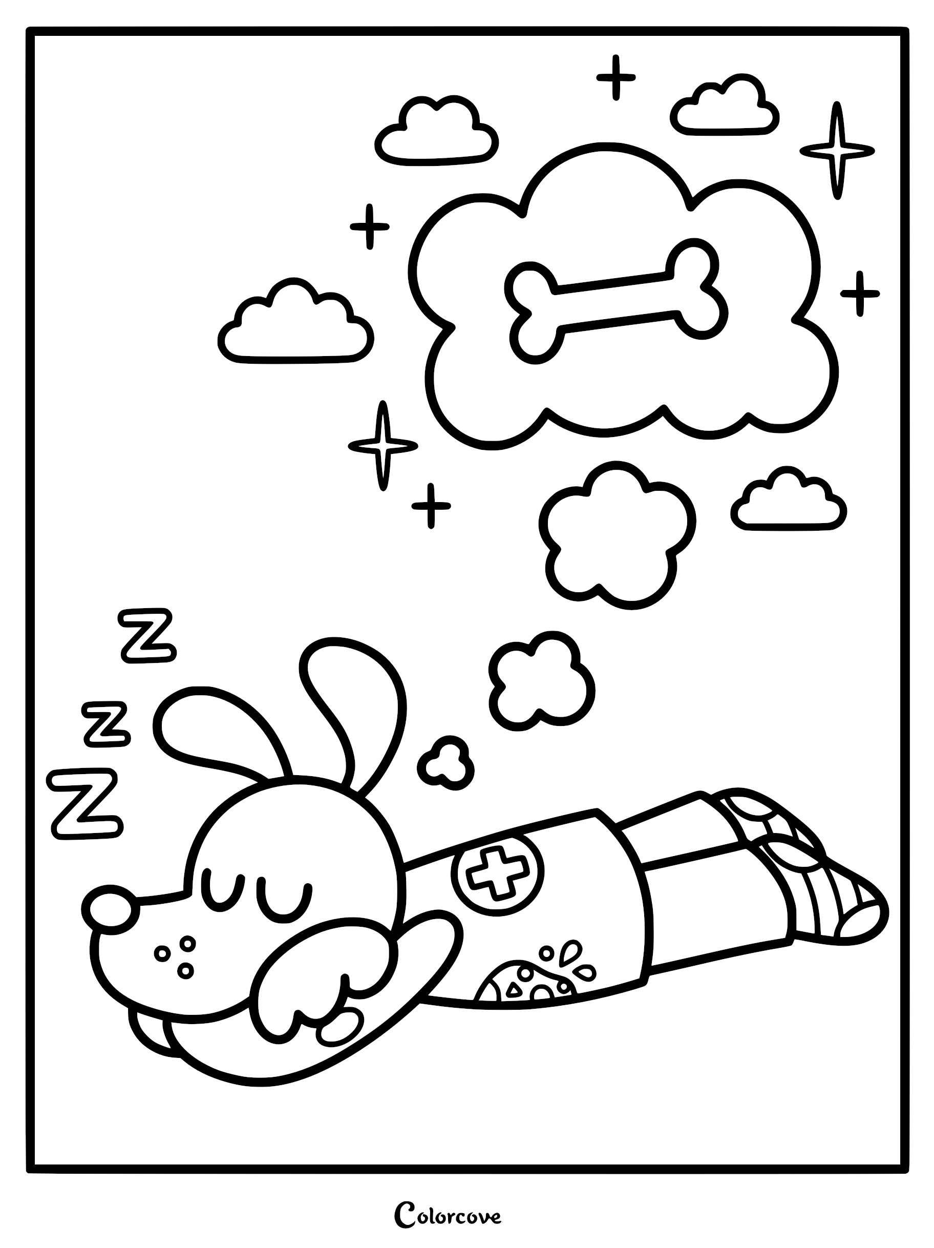 A detailed coloring page of Dog Man sleeping on his stomach with a thought bubble above him containing a large bone, surrounded by stars and clouds.