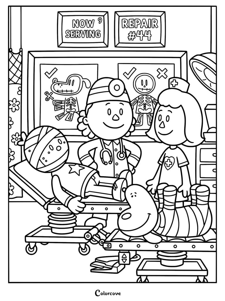 Detailed line art coloring page of the Dog Man Movie origin scene showing a doctor and nurse in a medical room with bandaged Greg the dog and Officer Knight on surgical tables below origin story X-ray charts.
