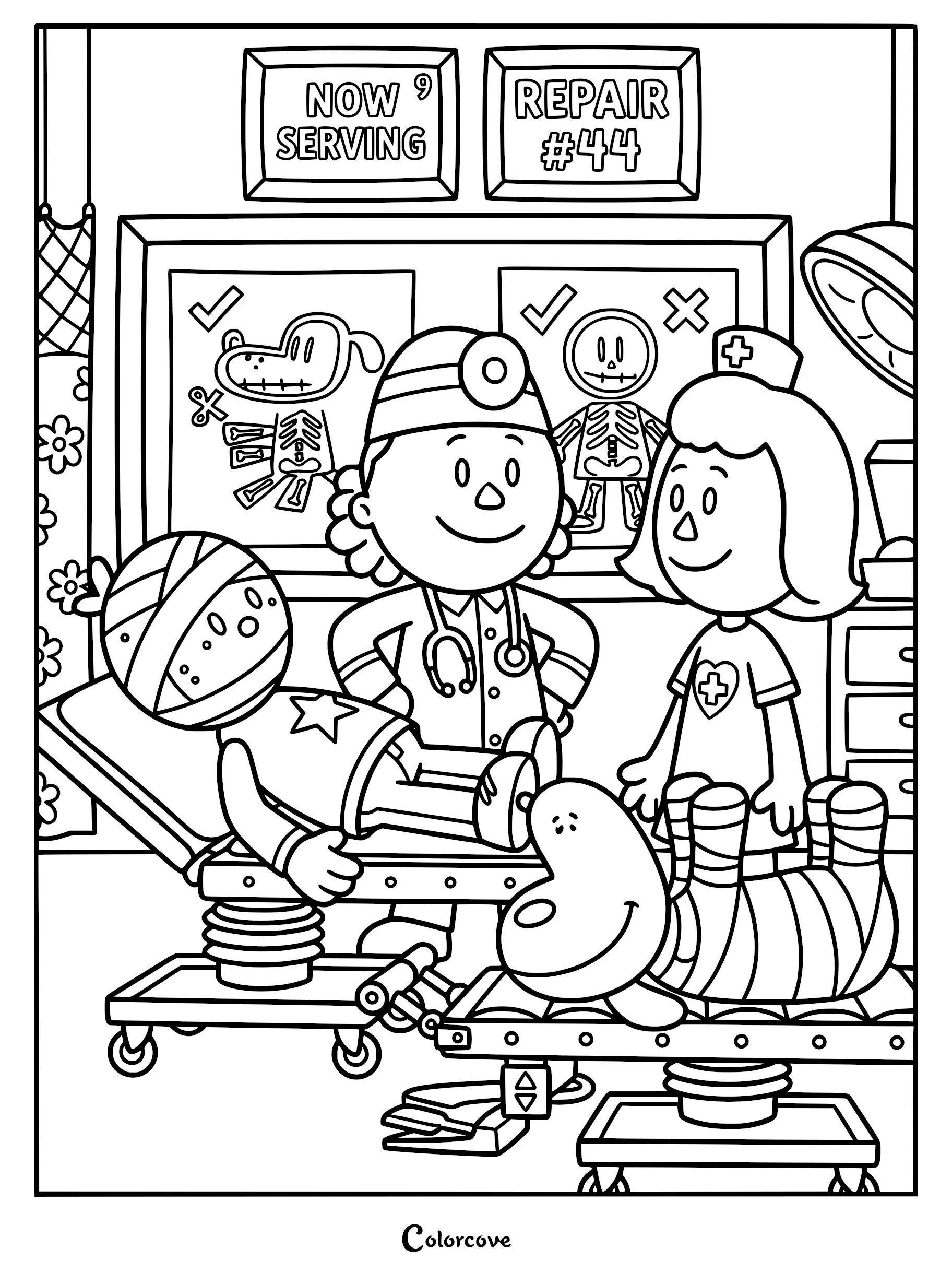 Detailed line art coloring page of the Dog Man Movie origin scene showing a doctor and nurse in a medical room with bandaged Greg the dog and Officer Knight on surgical tables below origin story X-ray charts.