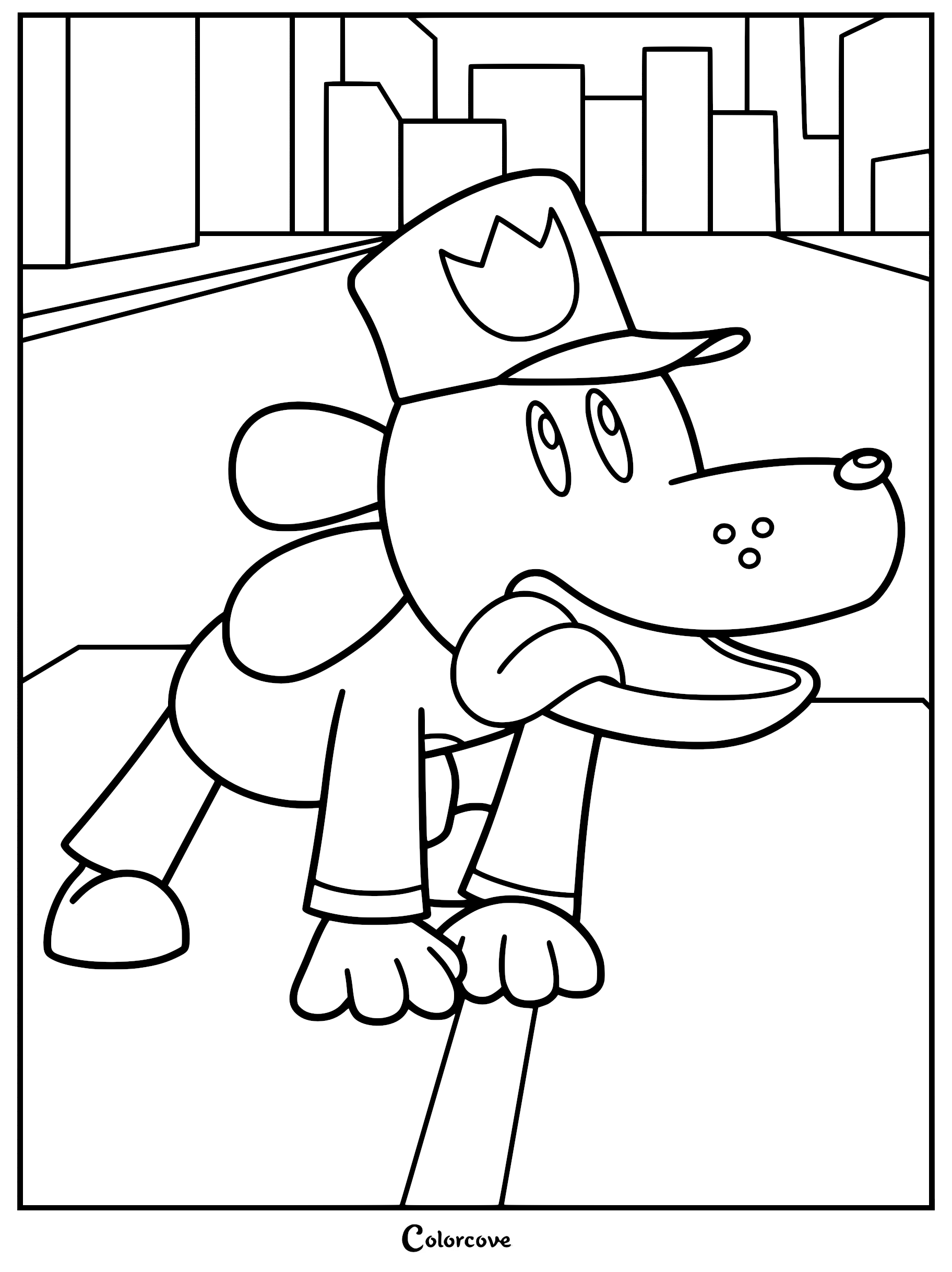 A line art coloring page featuring Dog Man wearing his police uniform hat, crouched on all fours on a city road with his tongue out and skyscrapers in the distance.