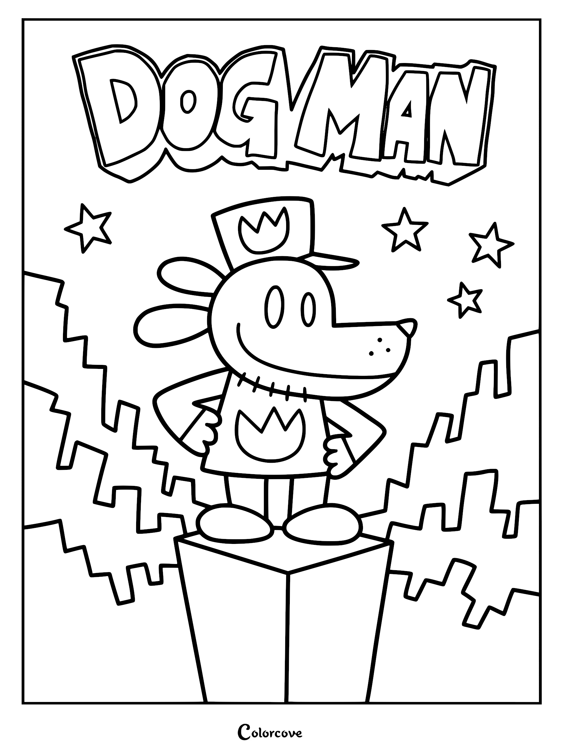 A printable line art coloring page of Dog Man standing on a pedestal with hands on his hips, featuring stars and a blocky city background.