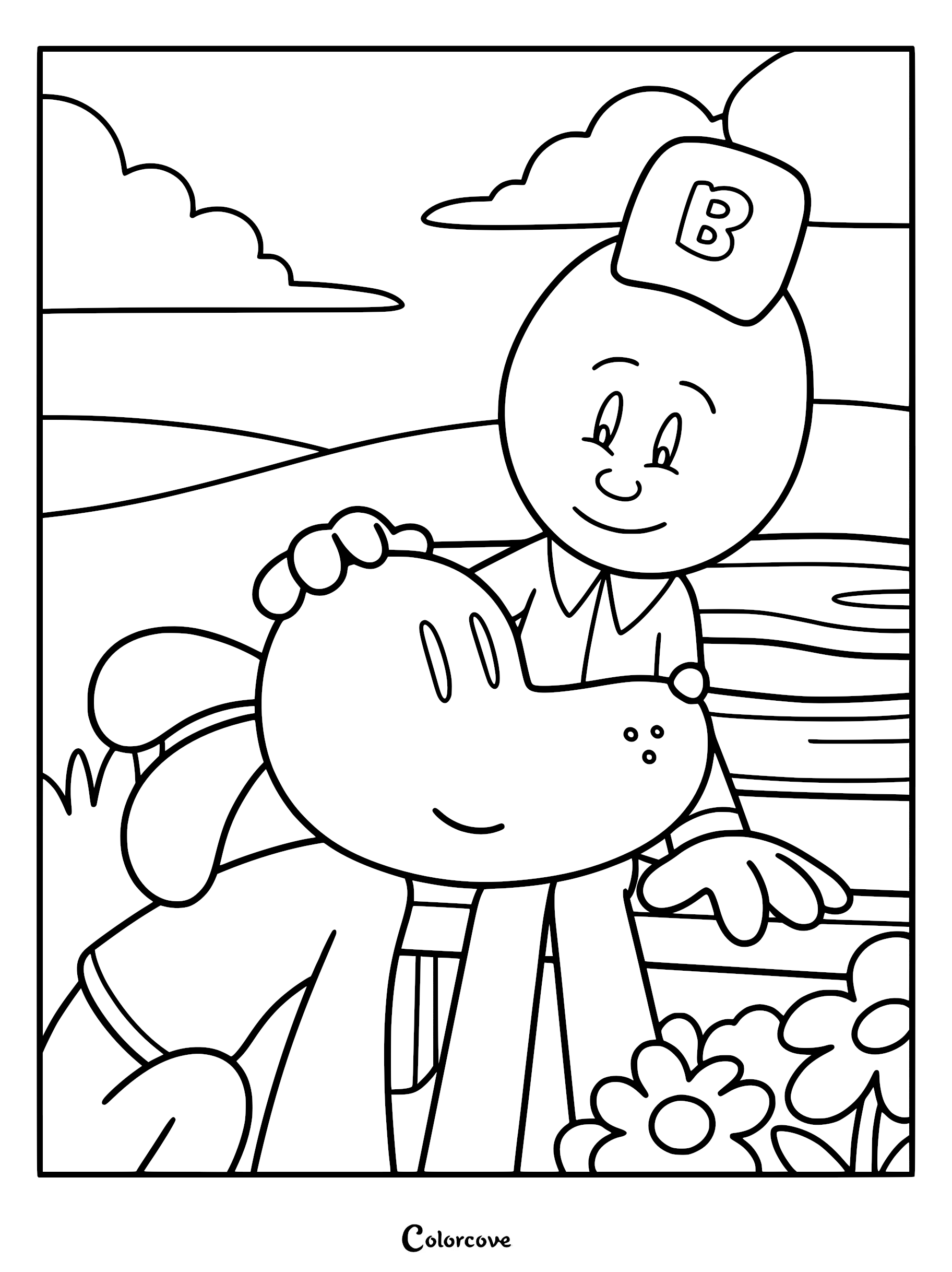 Detailed Dog Man Movie coloring page featuring George Beard with a B hat petting Dog Man in a meadow.