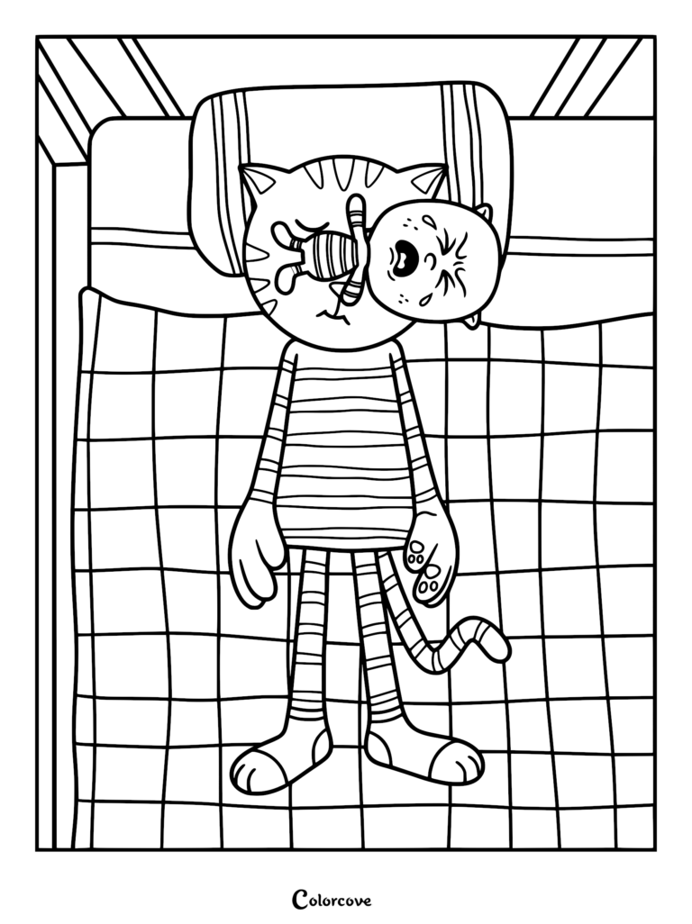 Detailed Dog Man Movie coloring page of Petey the cat lying in bed on a striped pillow with a crying Li'l Petey on his head.