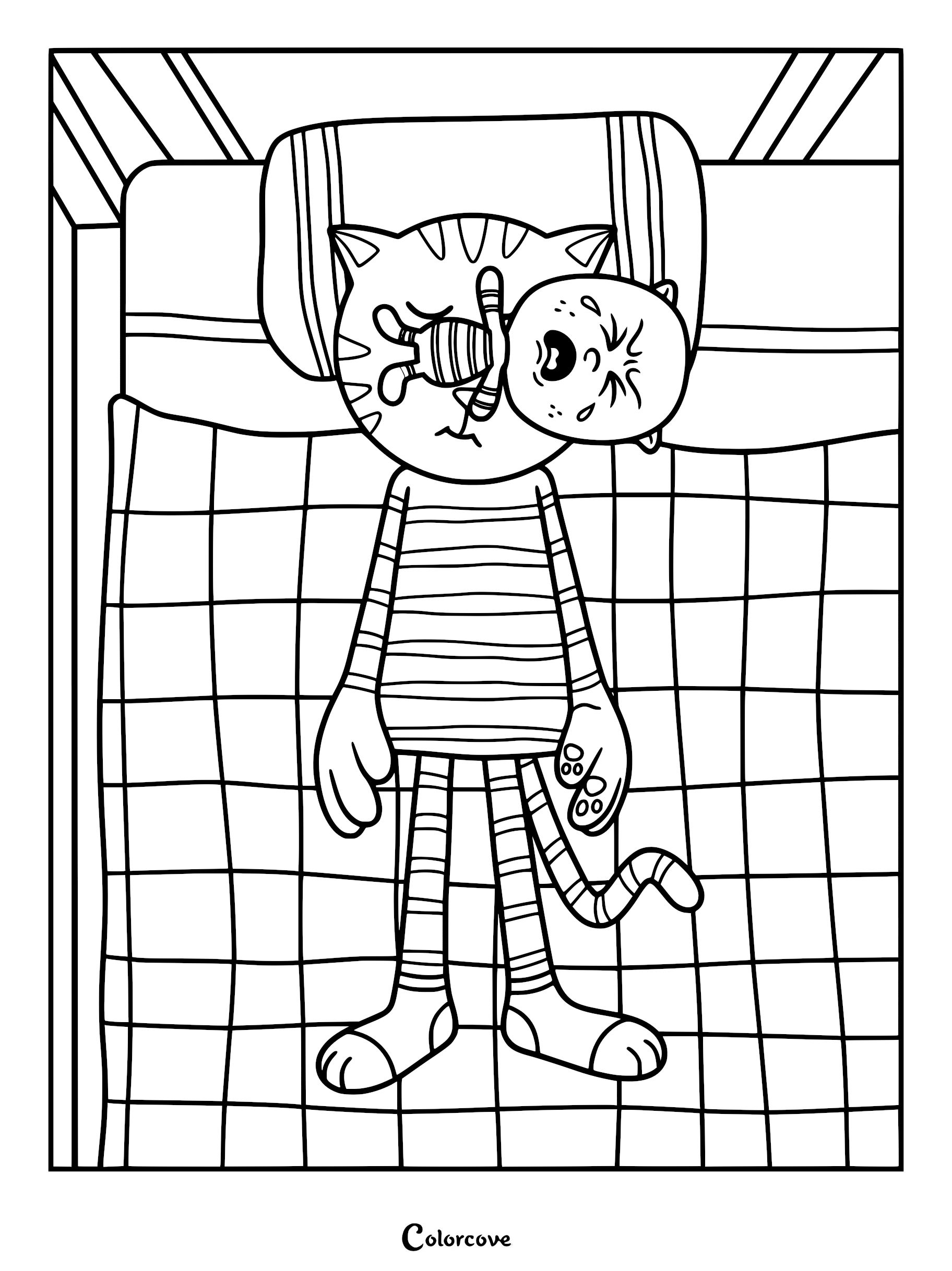 Detailed Dog Man Movie coloring page of Petey the cat lying in bed on a striped pillow with a crying Li'l Petey on his head.