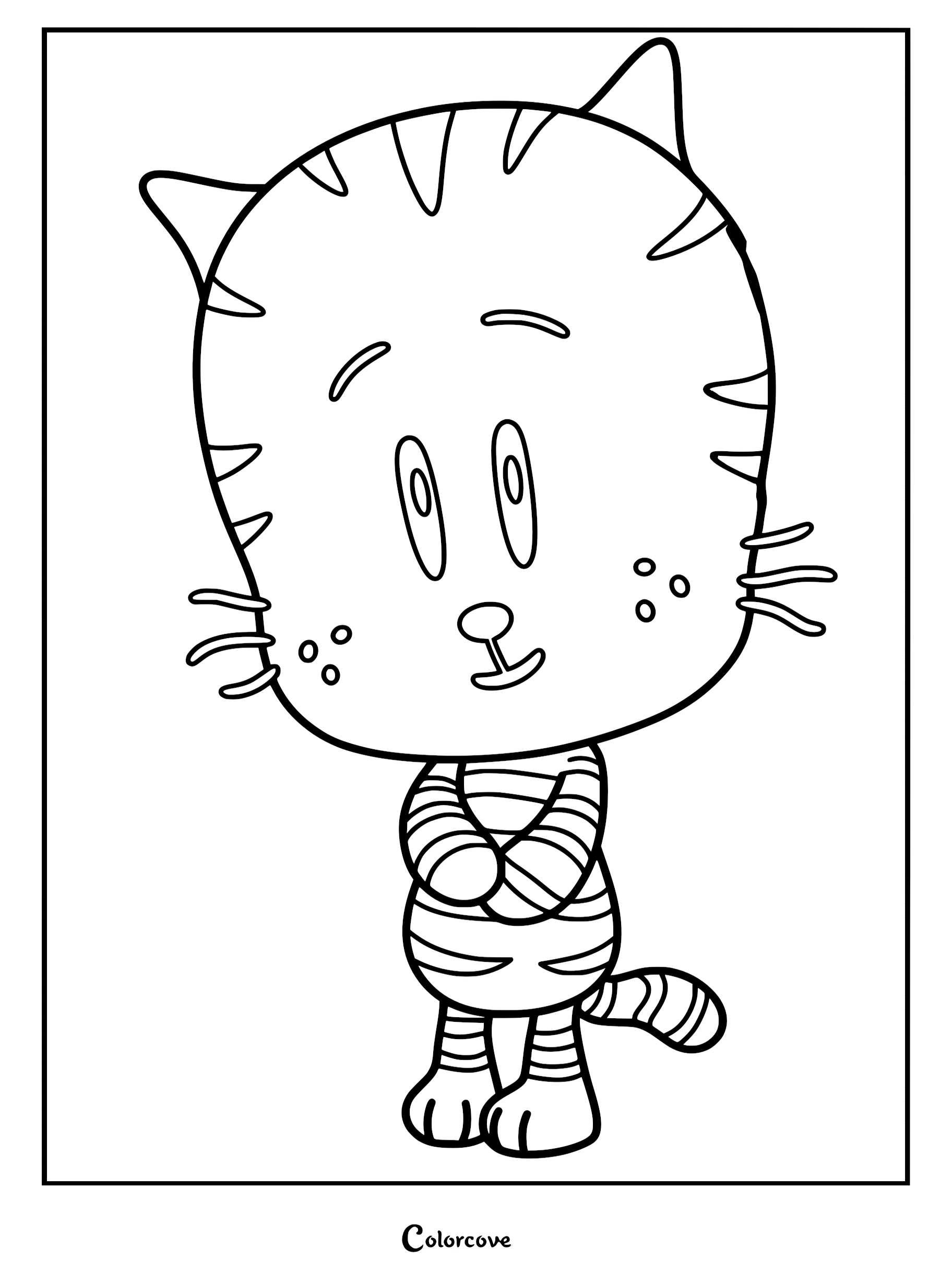 A detailed Li'l Petey coloring page featuring the striped kitten character from Dog Man with large oval eyes and whiskers.