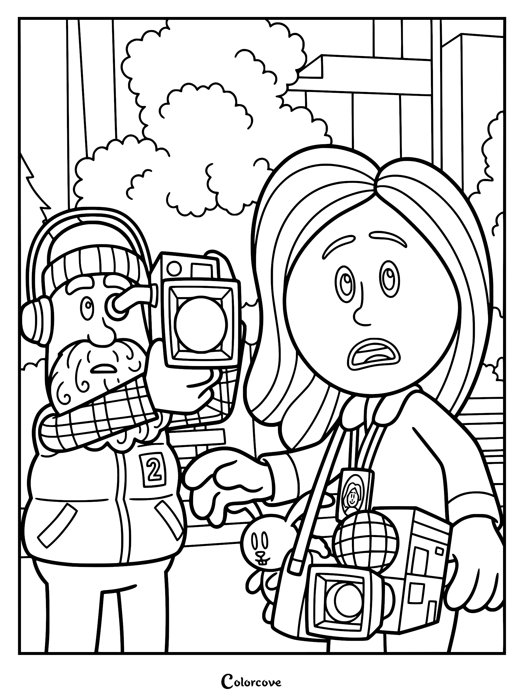 Detailed line art coloring page of reporter Sarah Hatoff and a bearded cameraman filming with a large professional camera outdoors.