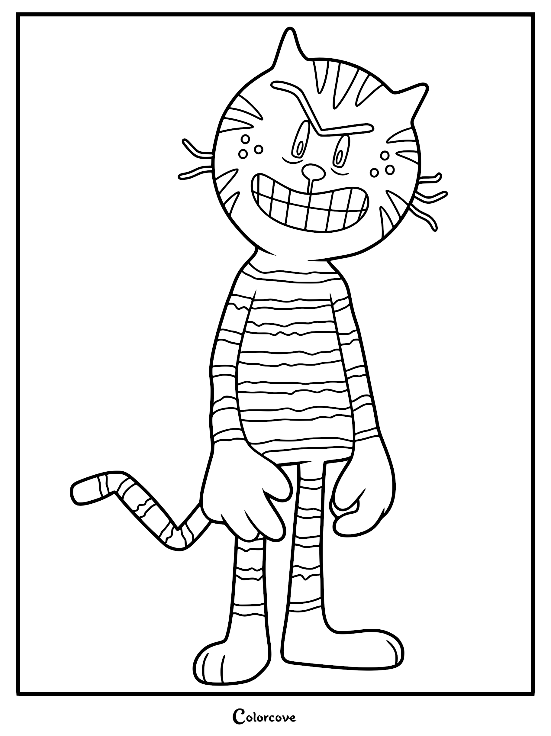 A detailed black and white line art coloring page of Petey the Cat from the Dog Man Movie showing his striped body, angry eyebrows, and large toothy grin.