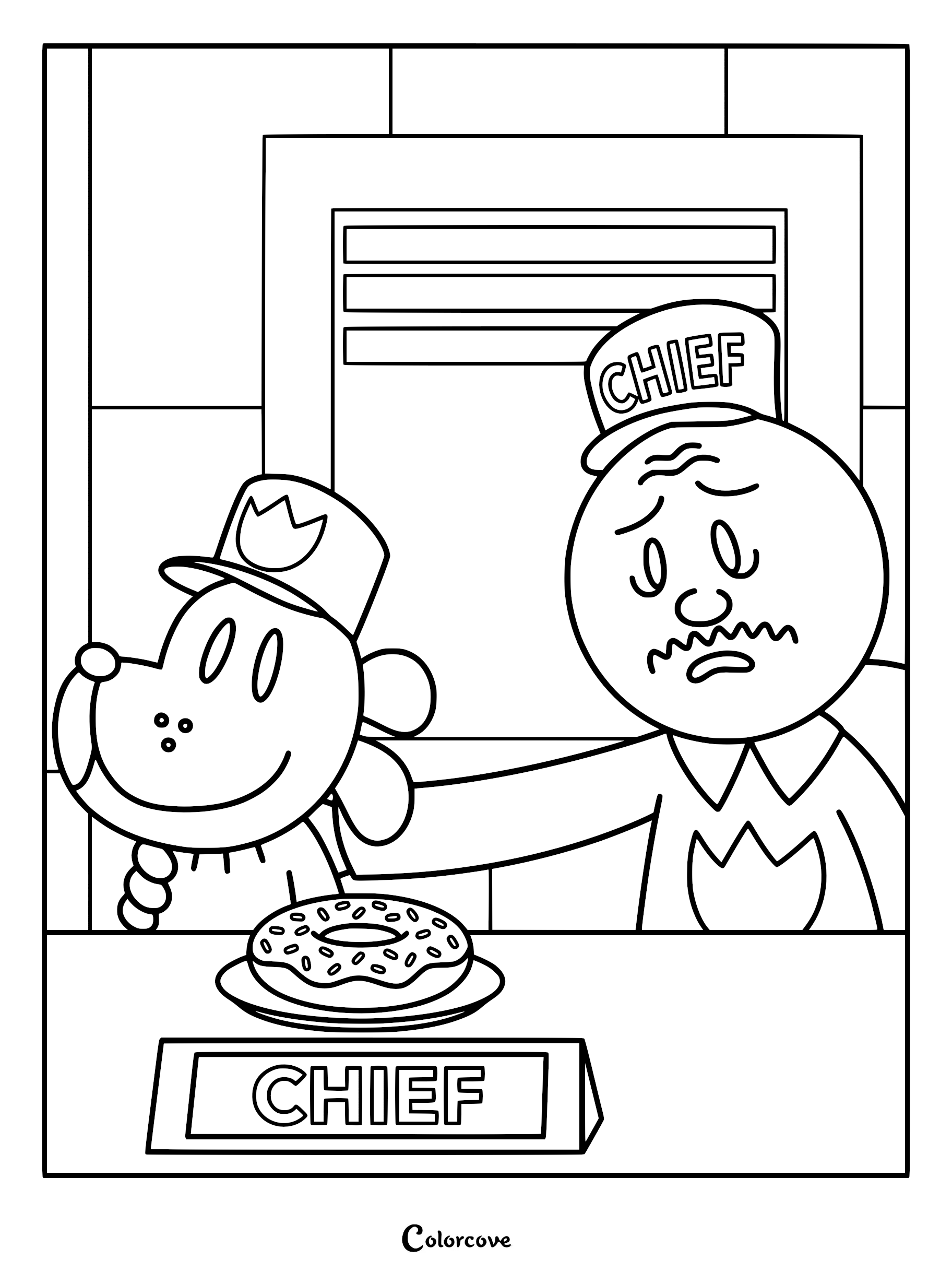 A movie-inspired coloring page of Dog Man and Chief in an office. Chief has a worried expression and rests a hand on Dog Man's shoulder. A sprinkled donut on a plate sits on a desk with a 'CHIEF' nameplate.