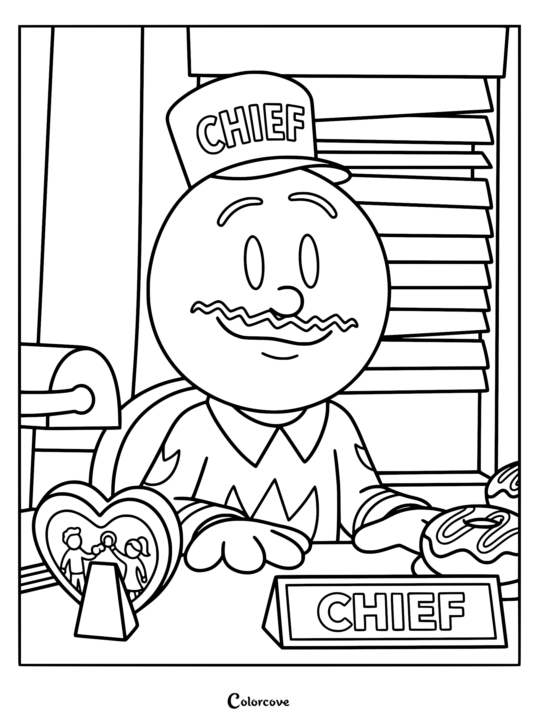 Detailed black and white line art coloring page of Chief from the Dog Man movie wearing a hat, sitting behind his office desk with a plate of donuts and a heart-shaped framed photo.