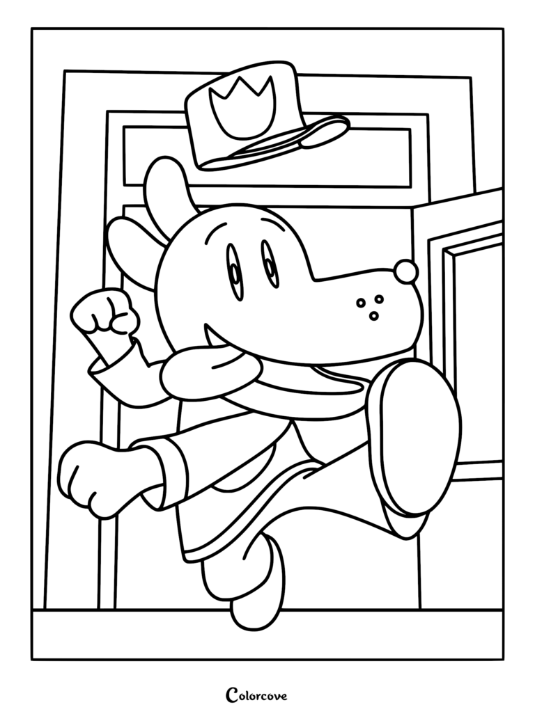 A detailed line art coloring page of Dog Man from the movie jumping through an open door, showing his tongue out and his officer hat floating in mid-air.