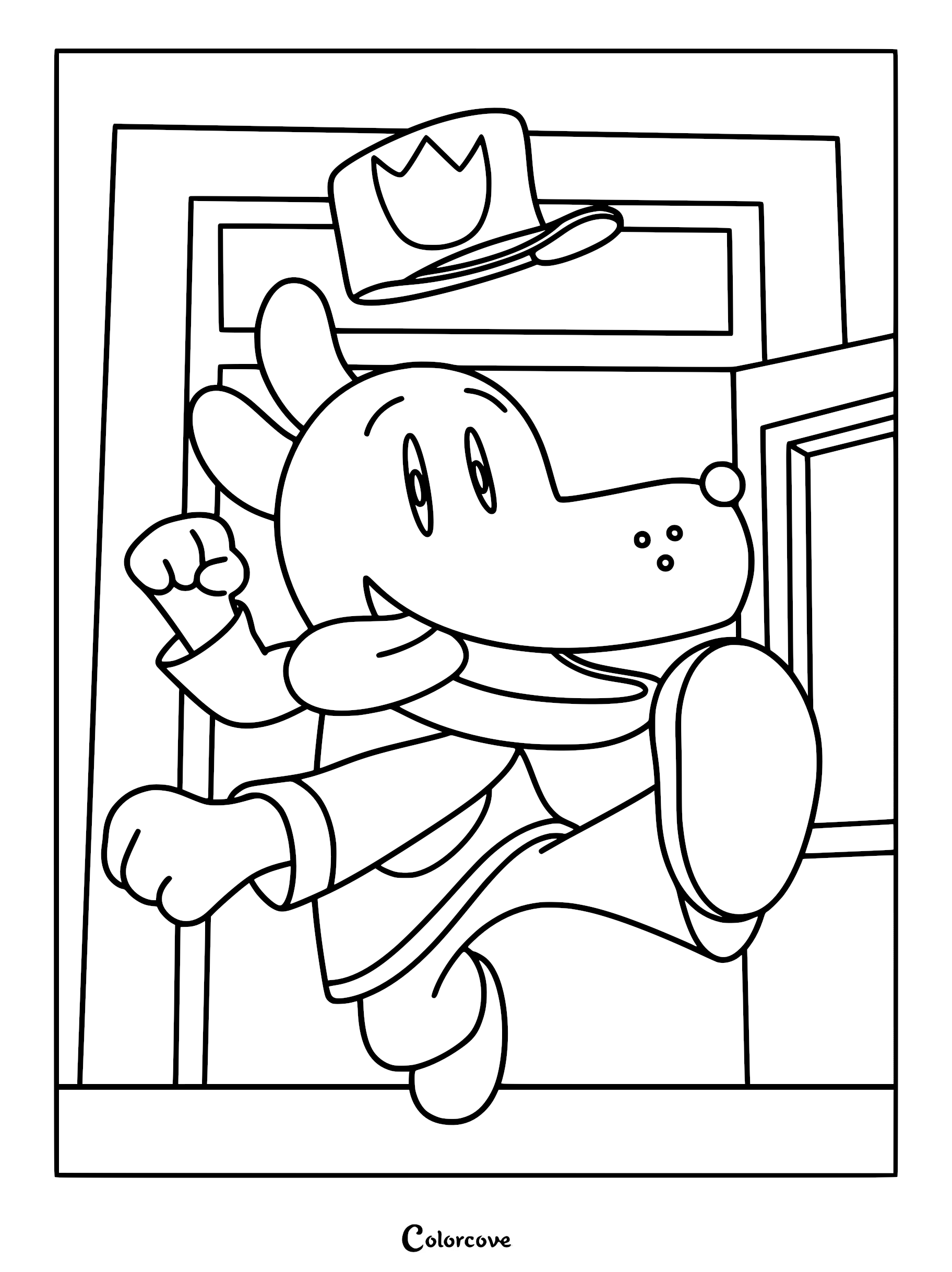 A detailed line art coloring page of Dog Man from the movie jumping through an open door, showing his tongue out and his officer hat floating in mid-air.