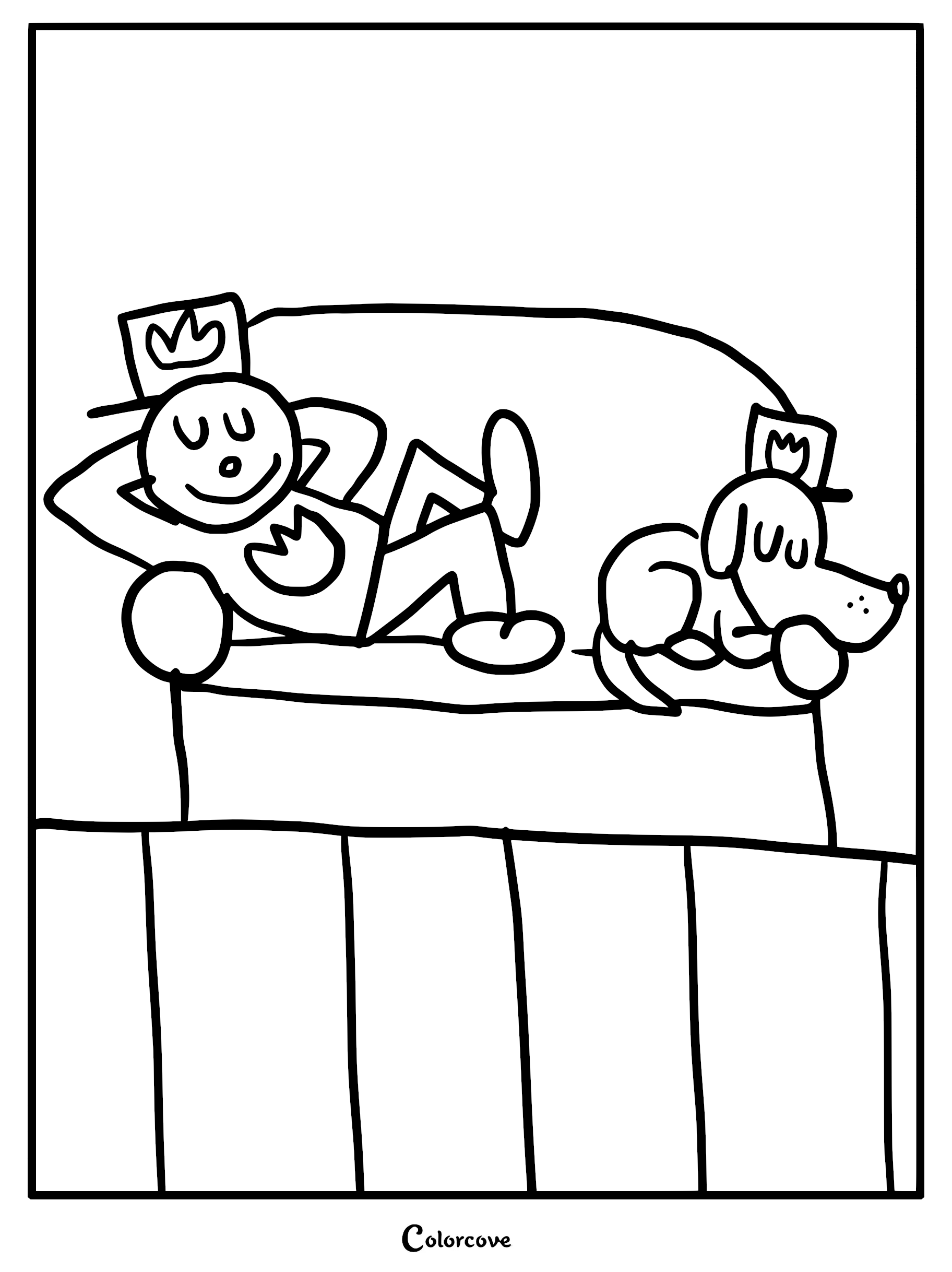 Minimalist line art coloring page of Officer Knight and Greg the Dog from the Dog Man Movie napping on a couch.