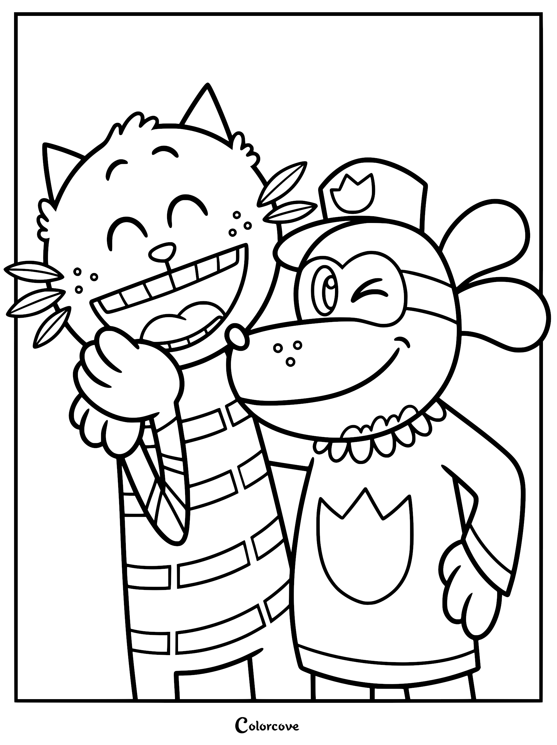 Detailed line art coloring page of Dog Man wearing his police cap and winking while hugging a laughing Petey the Cat in his striped suit.