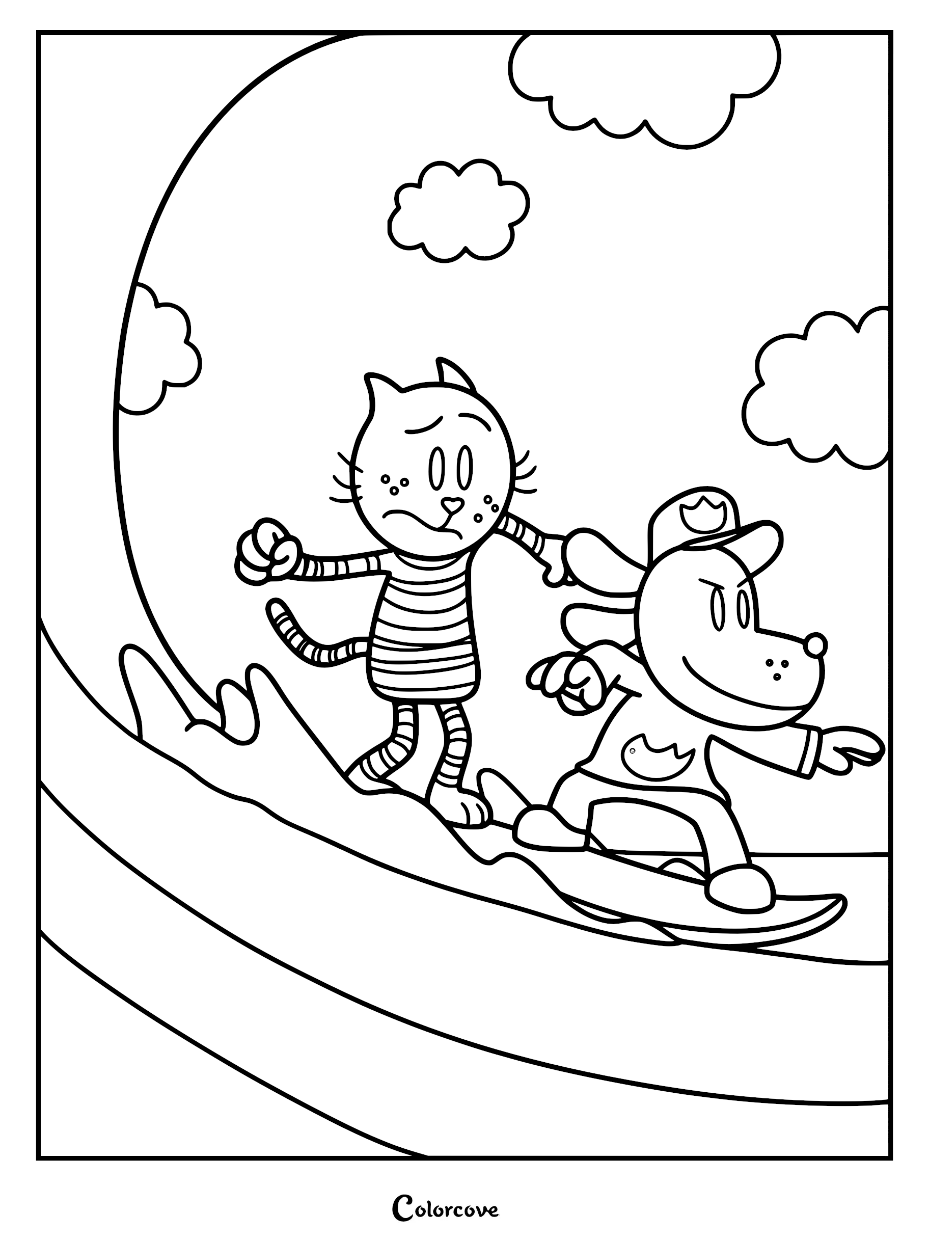 A Dog Man Movie line art coloring page showing Dog Man and Petey the Cat surfing on a massive ocean wave.