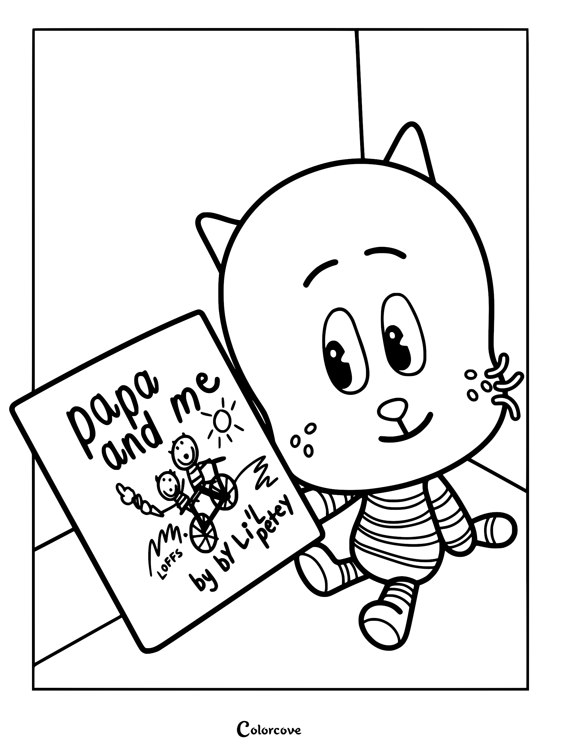 A detailed Dog Man Movie coloring page featuring Li'l Petey holding his handmade comic book titled Papa and me with a bicycle drawing.