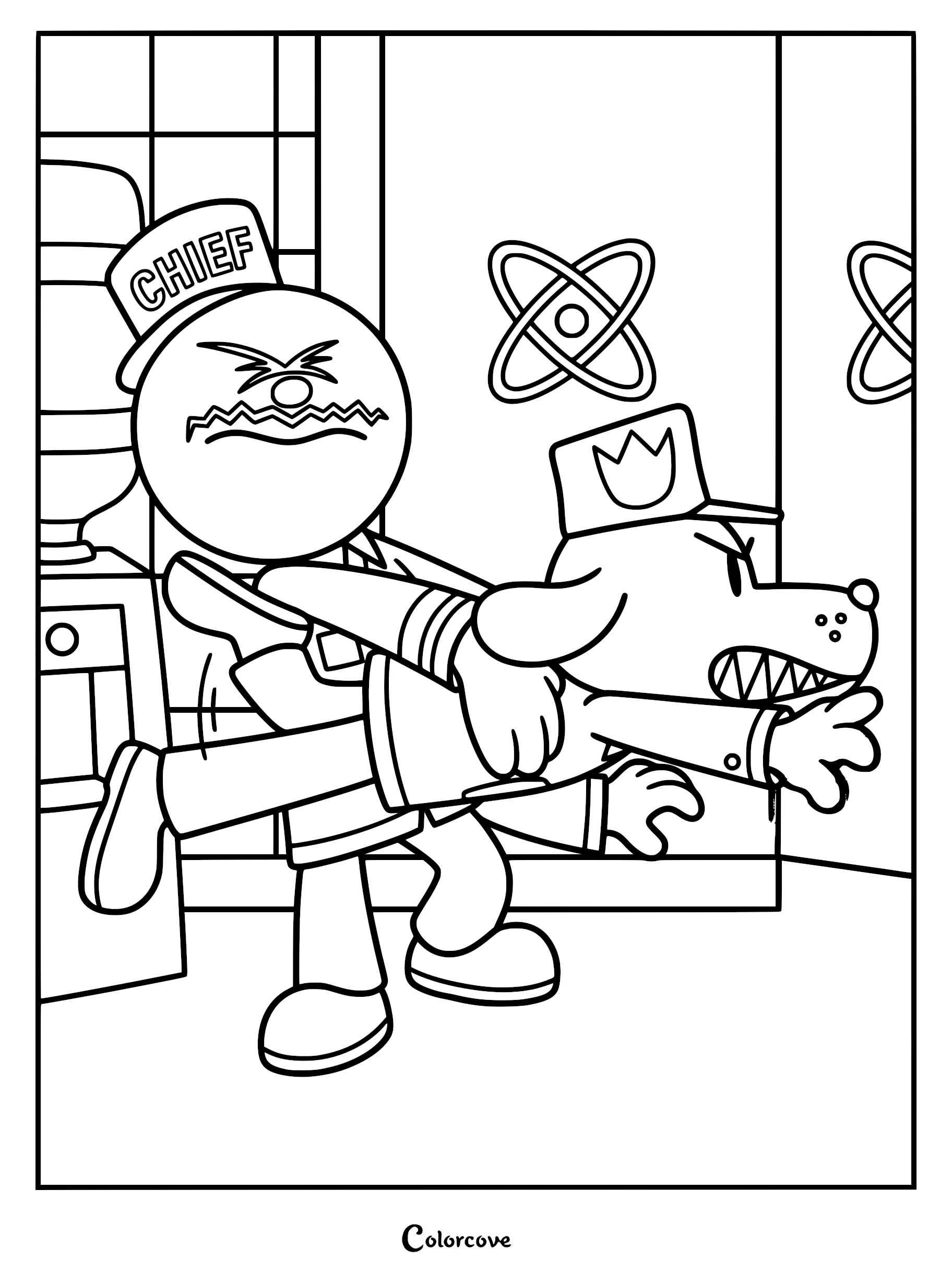 Detailed Dog Man Movie coloring page showing Chief with his round head and hat physically restraining a snarling Dog Man lunging forward in an office.