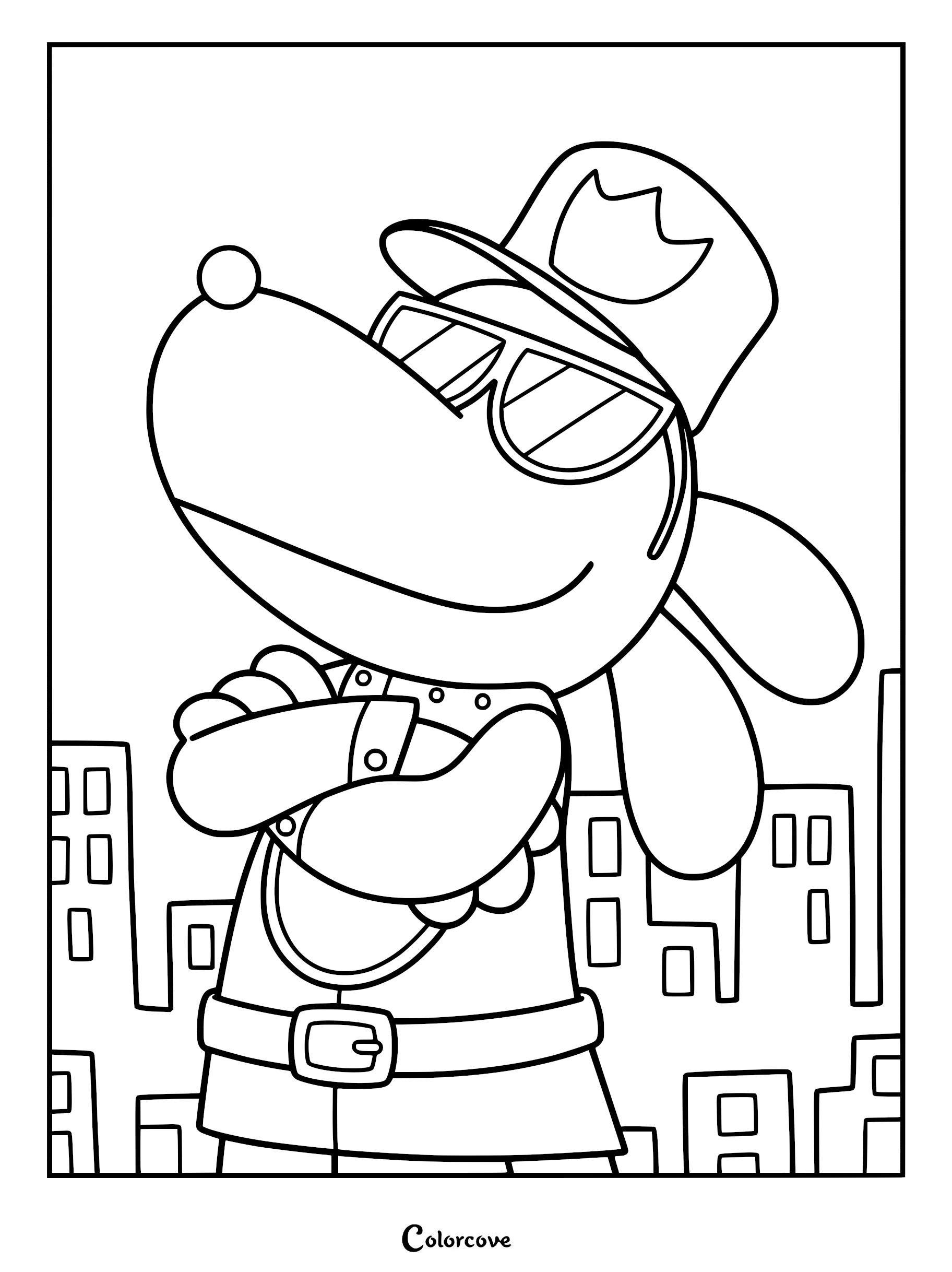 Detailed line art coloring page of Dog Man from the movie wearing sunglasses and a police officer hat, standing with arms crossed against a simplified city skyline.