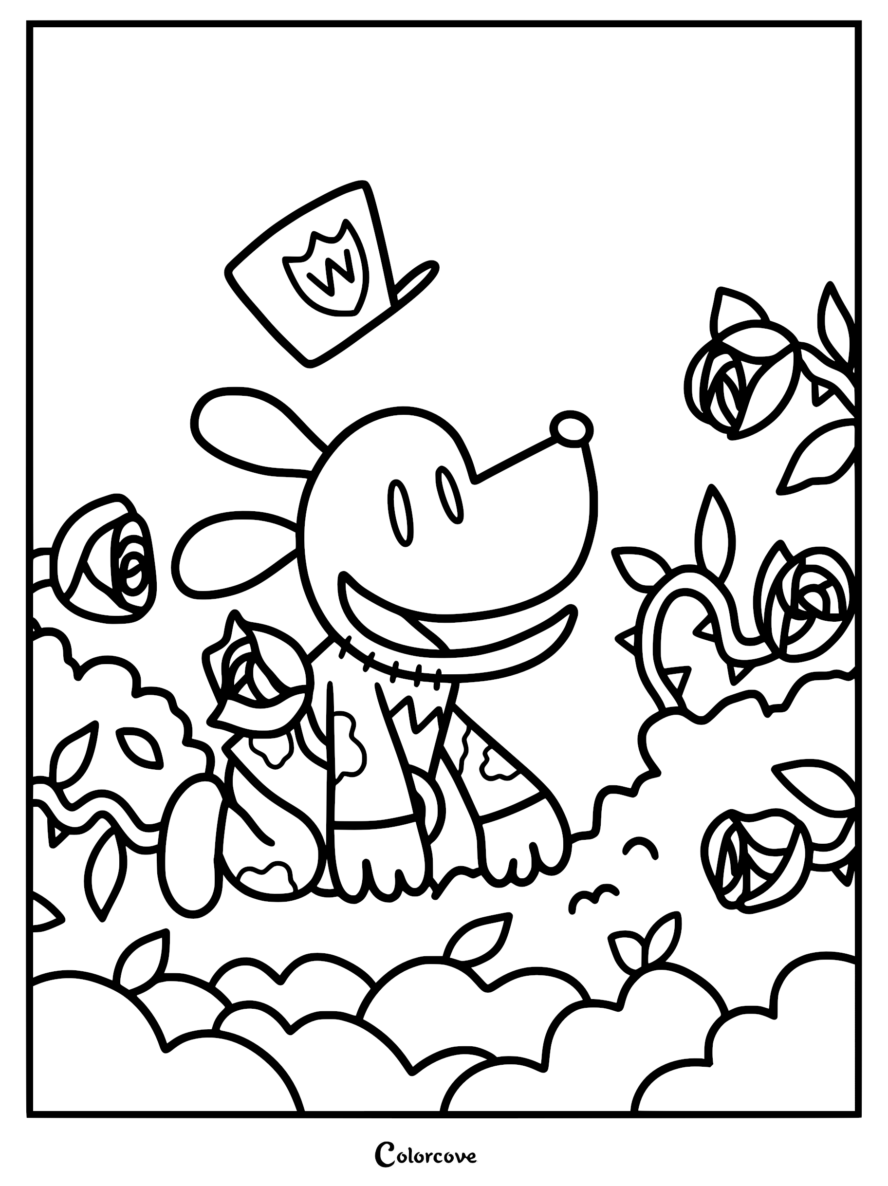 A detailed line art coloring page of Dog Man sitting in a rose garden, surrounded by blooming flowers on thorny vines with his iconic police hat hovering above his head.