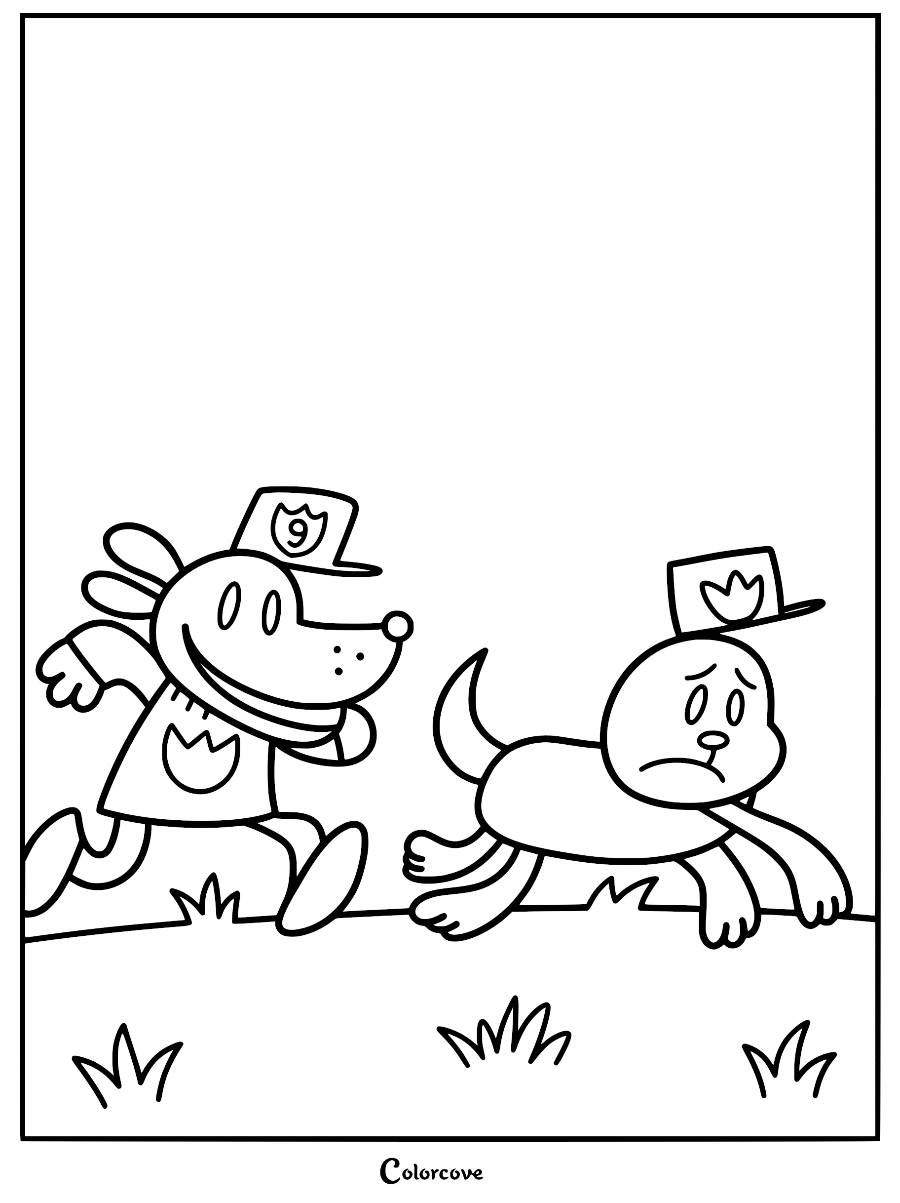 A detailed line art coloring page featuring Dog Man in his police uniform running alongside Greg the Dog in a grassy field.