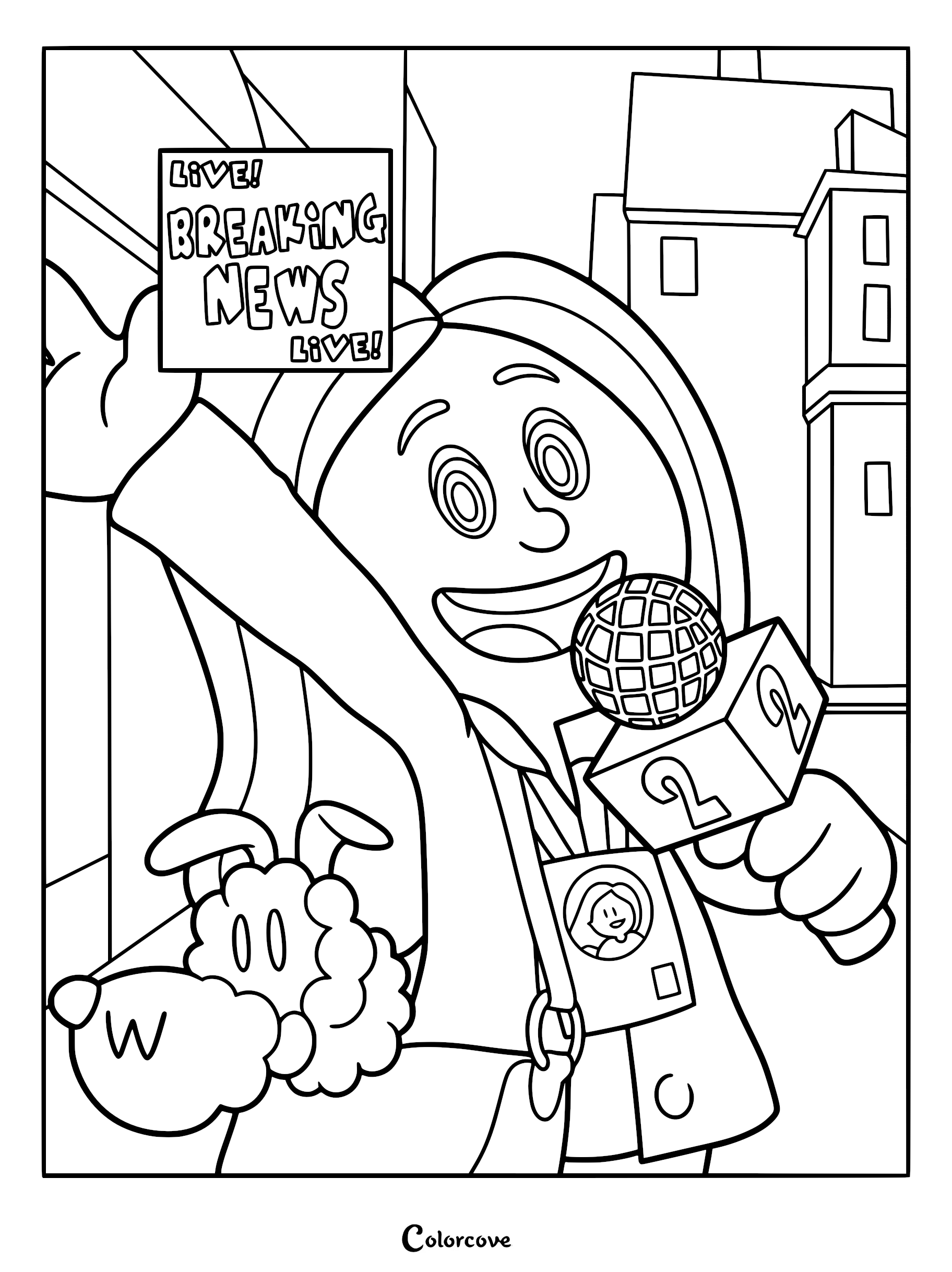 Line art coloring page of Sarah Hatoff from Dog Man reporting live news with her poodle Zuzu in the city.