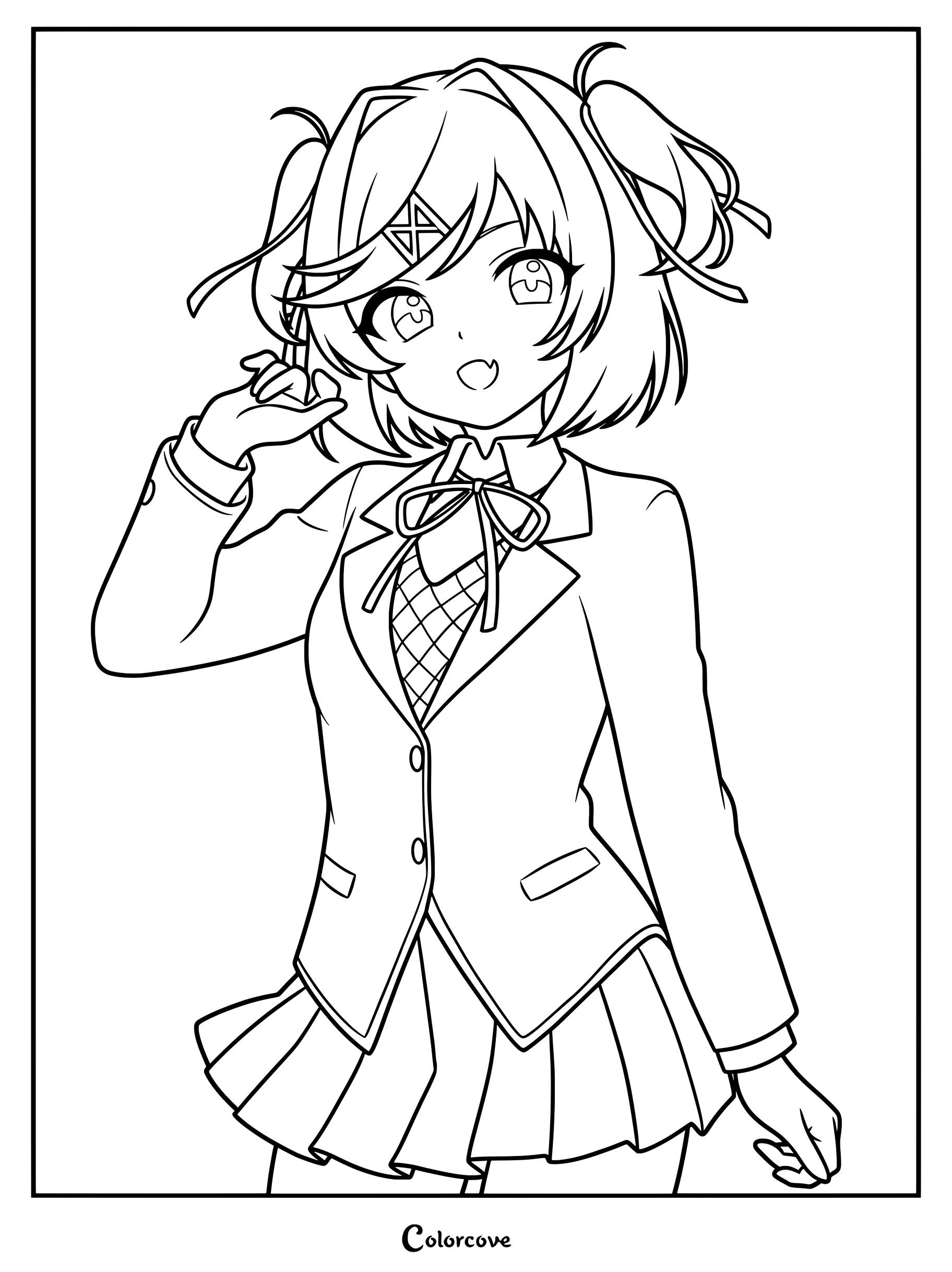 Dibujo para colorear imprimible de Natsuki de Doki Doki Literature Club con su uniforme escolar y coletas.