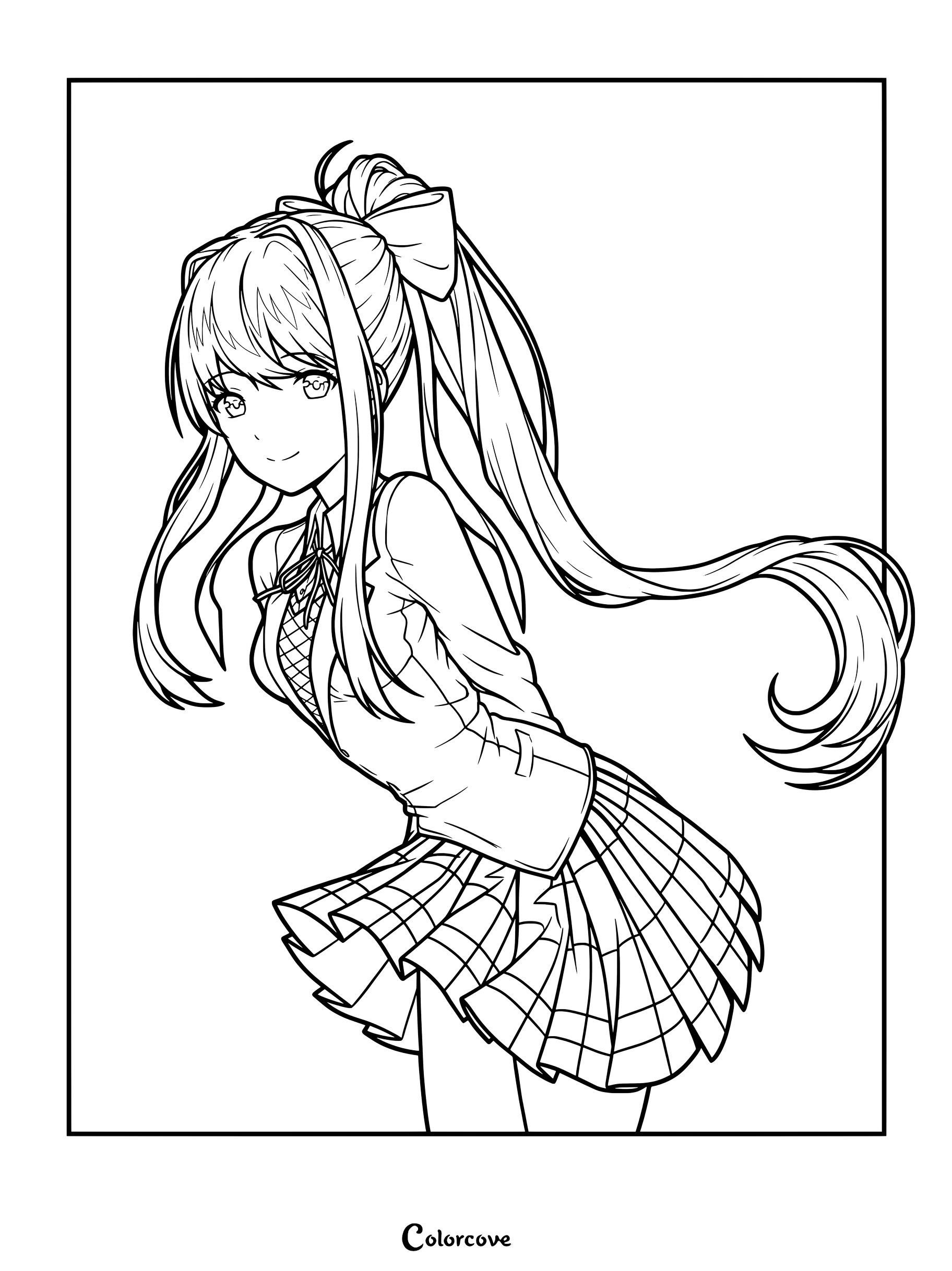Dibujo para colorear de Monika de Doki Doki Literature Club que la muestra sonriendo mientras se inclina hacia adelante con su coleta característica y falda plisada.