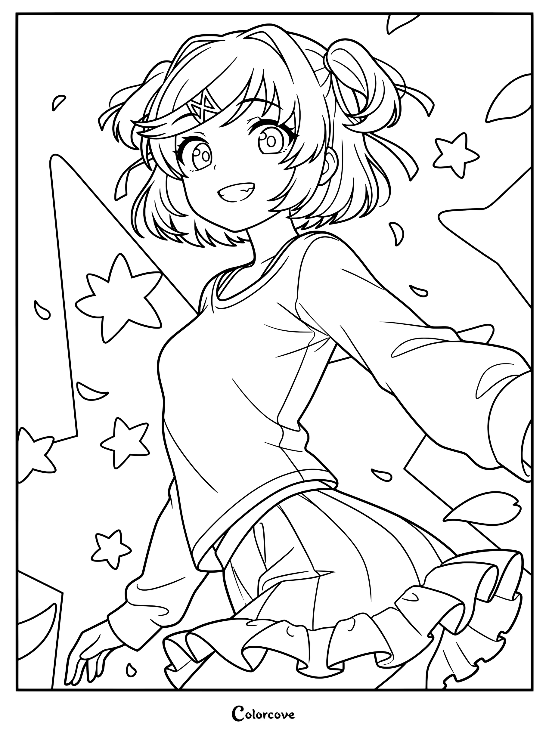Dibujo para colorear de Natsuki de Doki Doki Literature Club que la presenta con un suéter y una falda con volantes junto a estrellas flotantes.