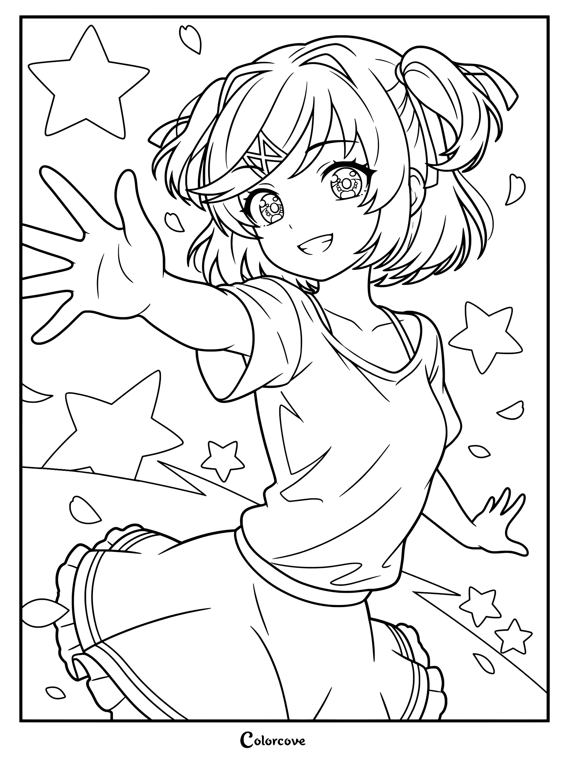 Un dibujo para colorear imprimible con Natsuki de Doki Doki Literature Club! extendiendo la mano con una expresión alegre entre estrellas flotantes y pétalos de flores.