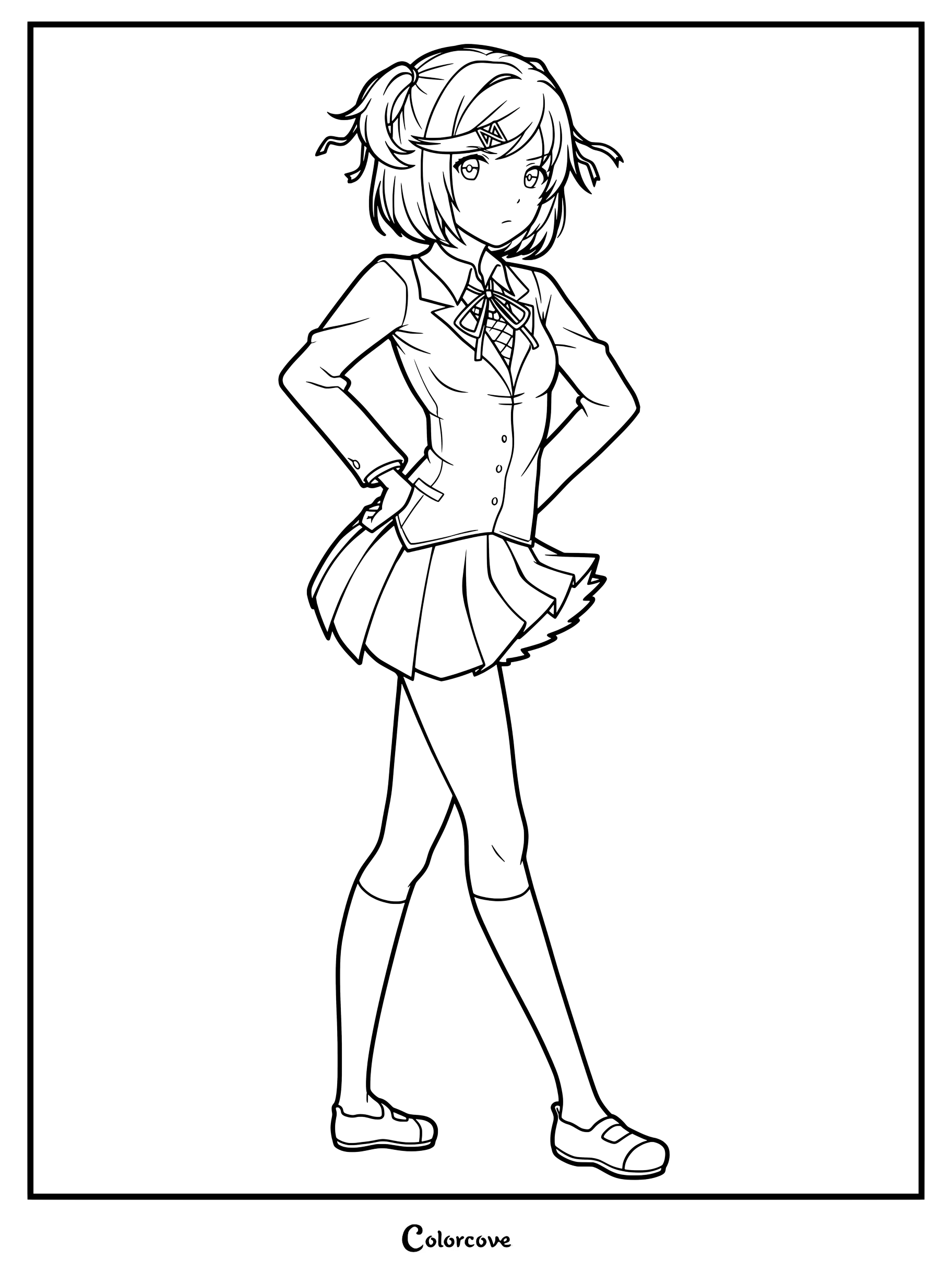 Dibujo para colorear gratuito de Doki Doki Literature Club que presenta a Natsuki de pie con las manos en las caderas con su uniforme escolar.