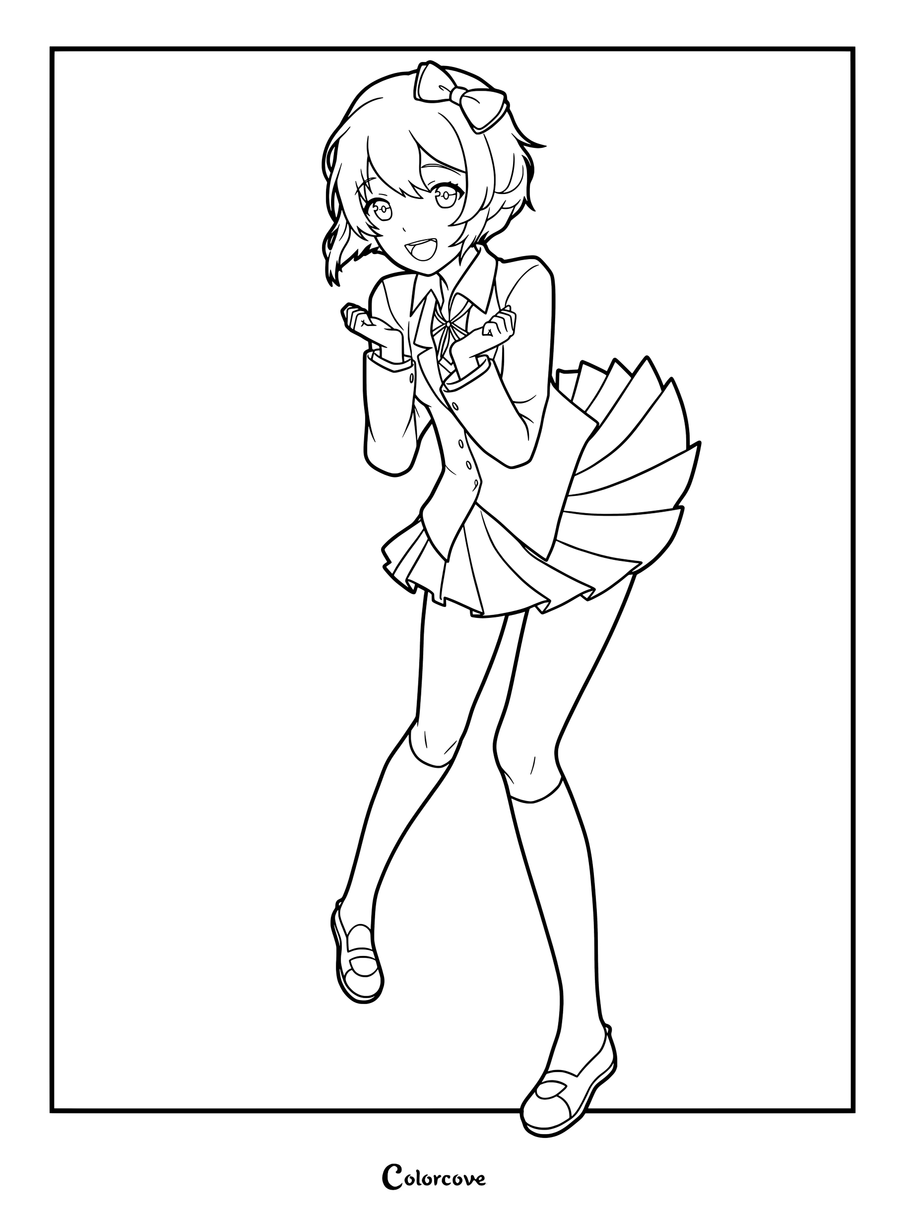 Dibujo para colorear de Doki Doki Literature Club de Sayori sonriendo con los puños apretados en su uniforme escolar.