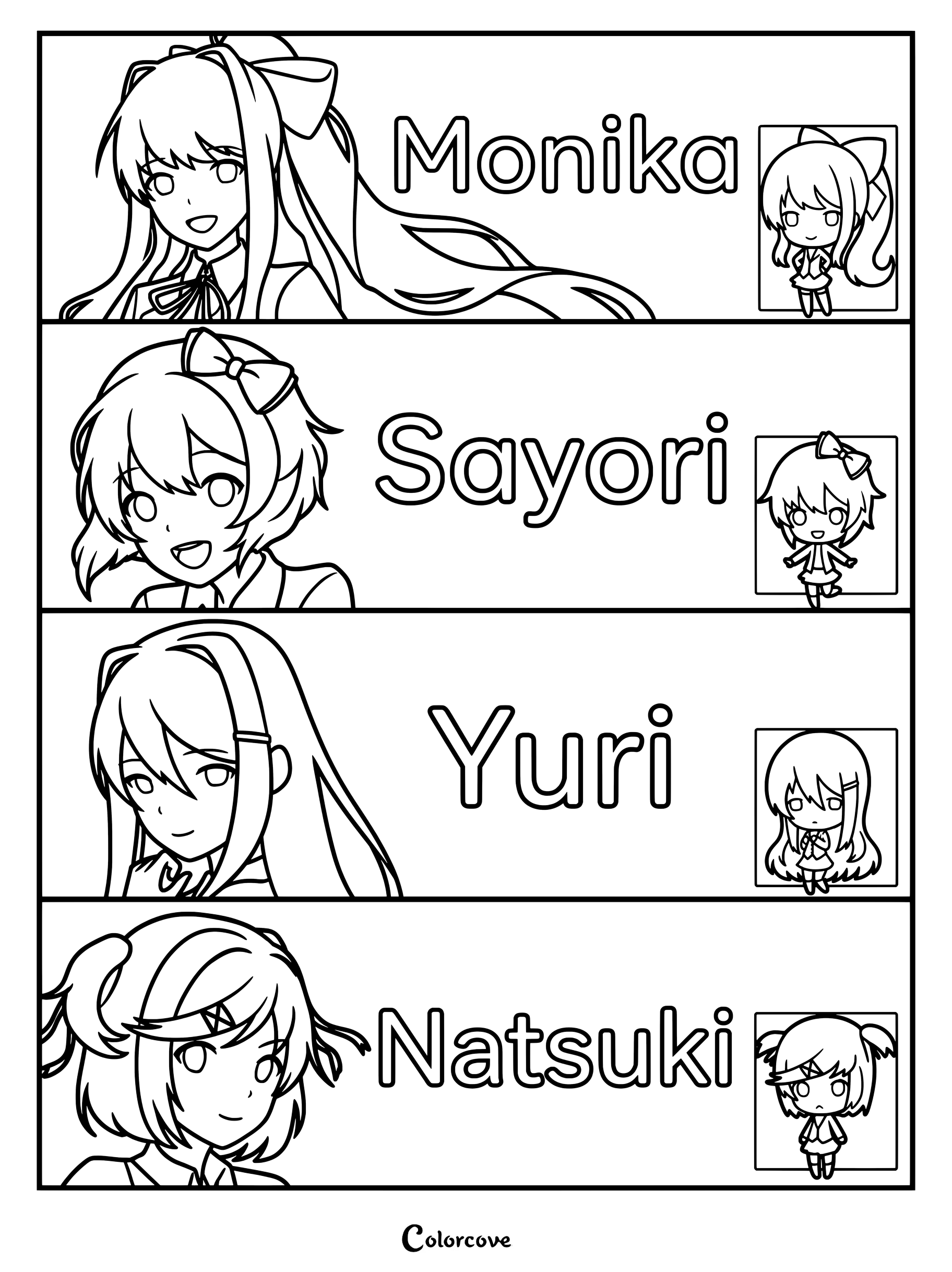 Dibujo para colorear imprimible que presenta a los cuatro personajes principales de la novela visual de terror psicológico Doki Doki Literature Club!.