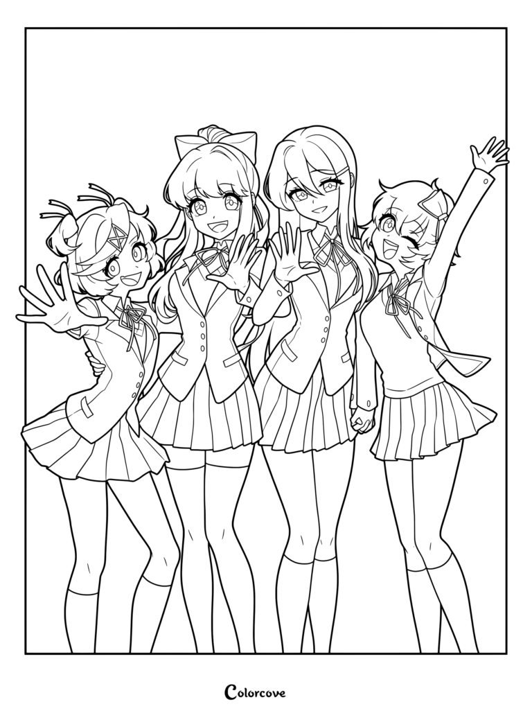 Page de coloriage Doki Doki Literature Club montrant les quatre personnages principaux — Natsuki, Monika, Yuri et Sayori qui font signe de la main.