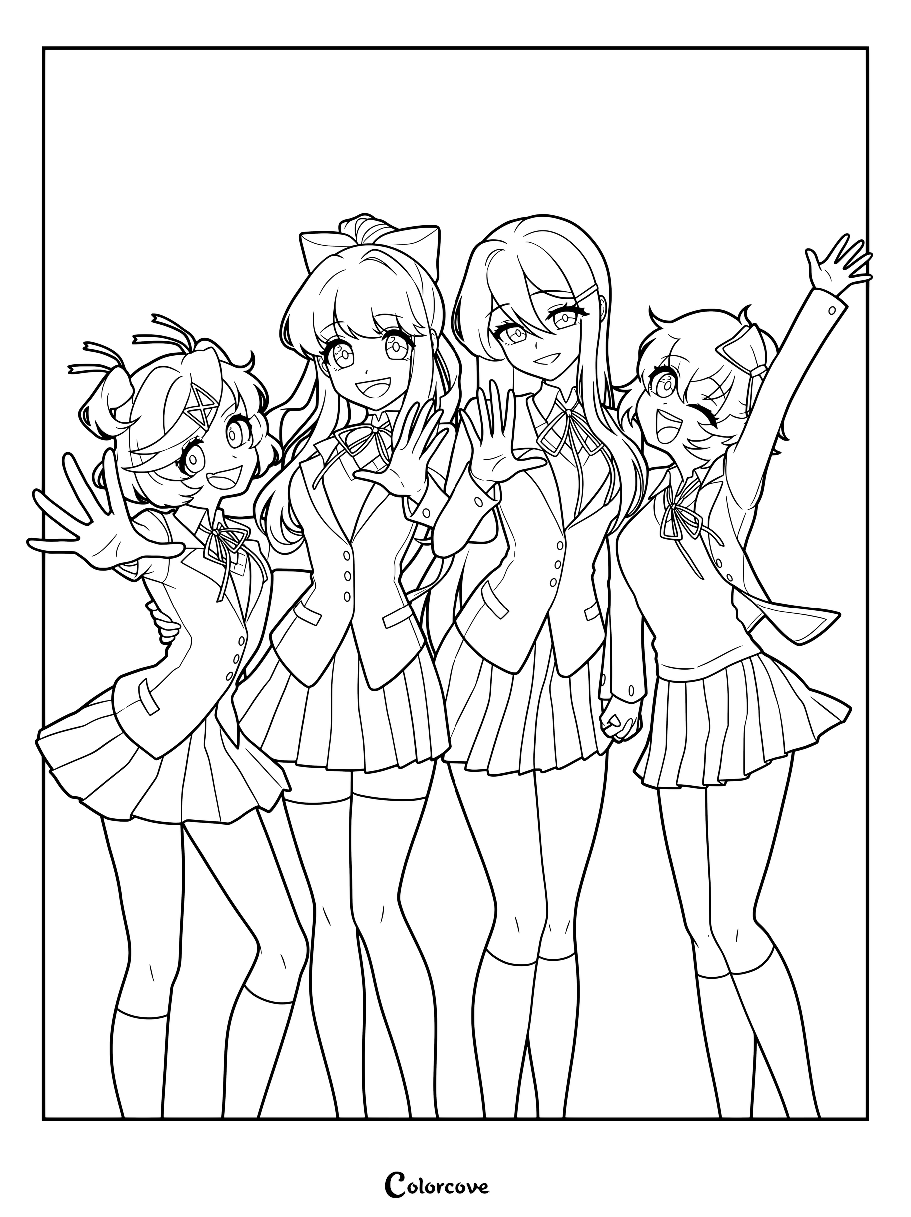 Dibujo para colorear de Doki Doki Literature Club que muestra a los cuatro personajes principales —Natsuki, Monika, Yuri y Sayori— saludando.