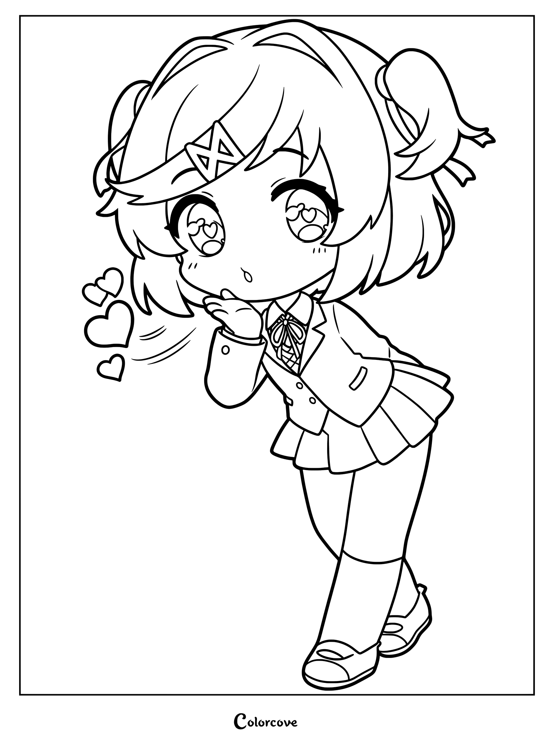 Dibujo para colorear imprimible gratuito que presenta una versión chibi de Natsuki de Doki Doki Literature Club! tirando besos con pequeños corazones flotantes.