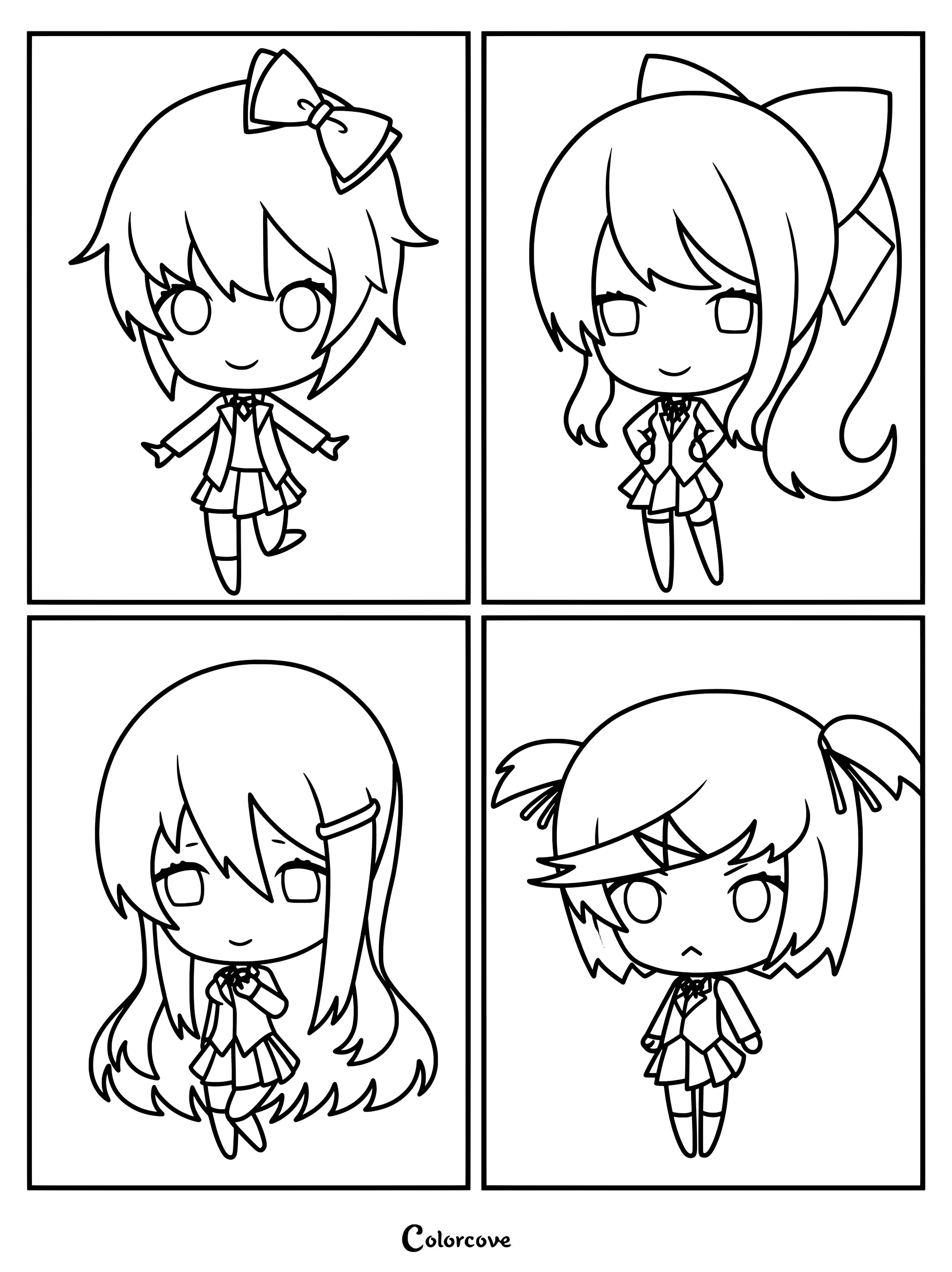 Dibujo para colorear de arte de pegatinas chibi de los cuatro personajes principales de Doki Doki Literature Club, incluyendo a Sayori, Monika, Yuri y Natsuki.
