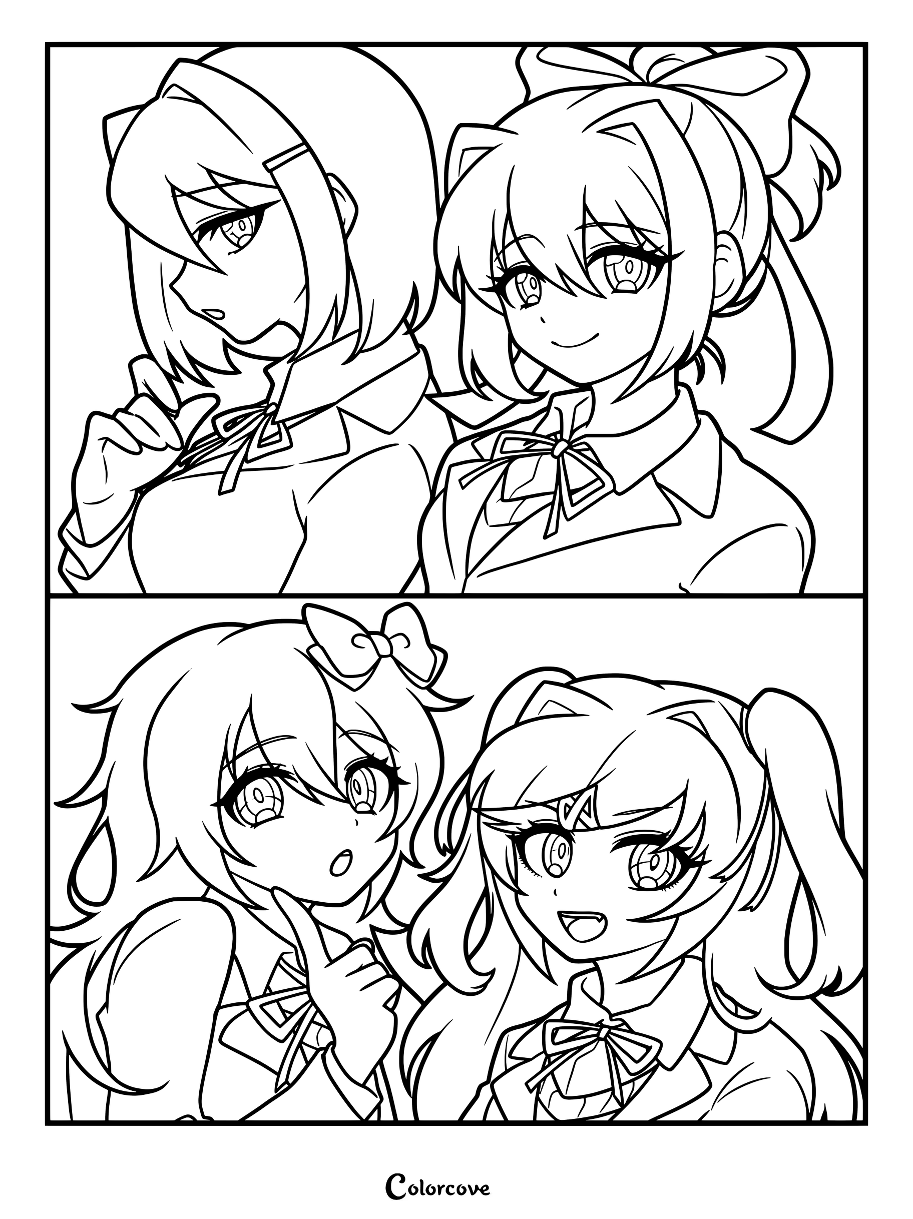 Dibujo para colorear de Doki Doki Literature Club! que presenta a Yuri, Monika, Sayori y Natsuki con peinados intercambiados.