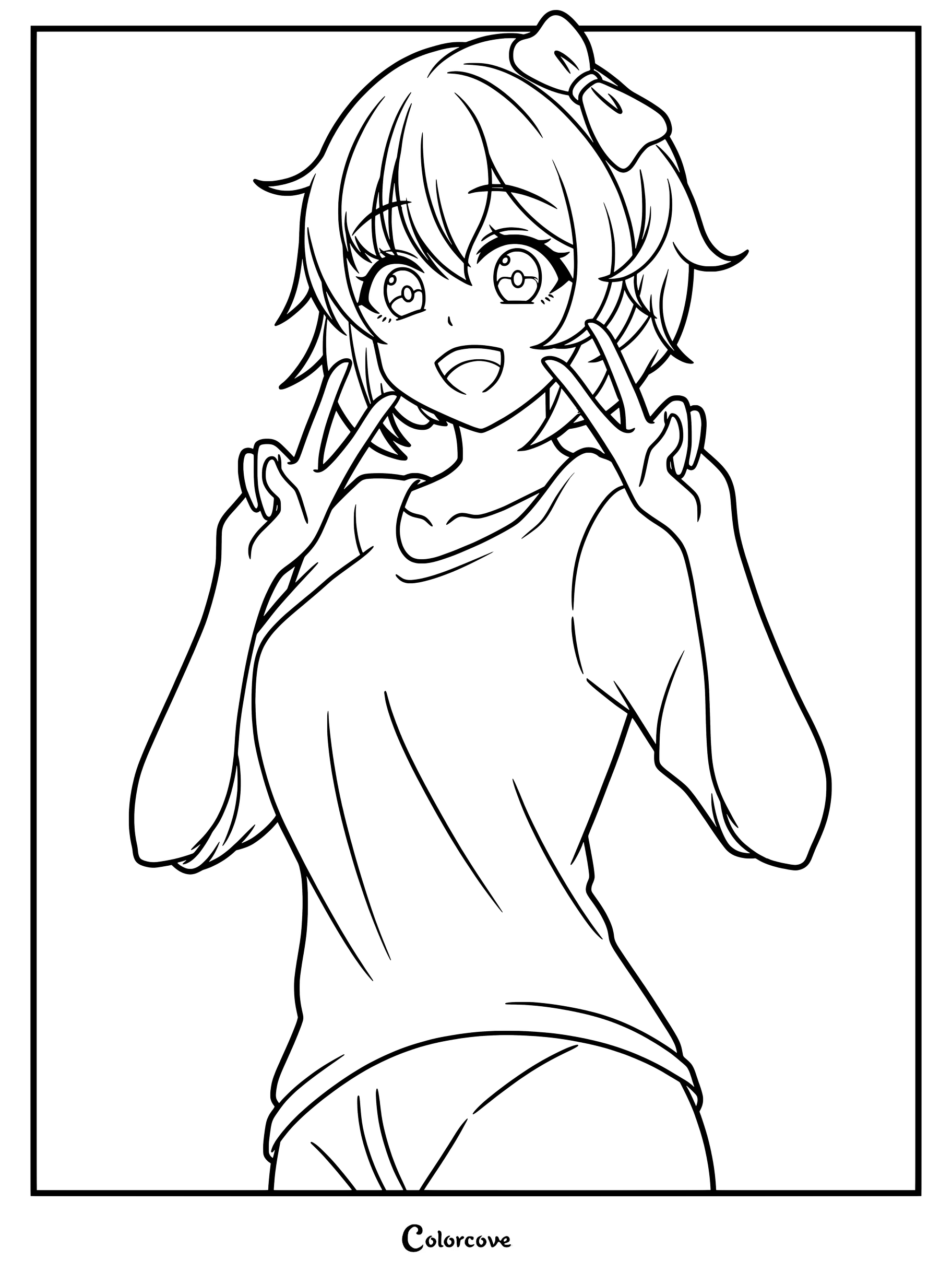 Dibujo para colorear de Sayori de Doki Doki Literature Club que la muestra sonriendo y haciendo la señal de la paz con ambas manos.