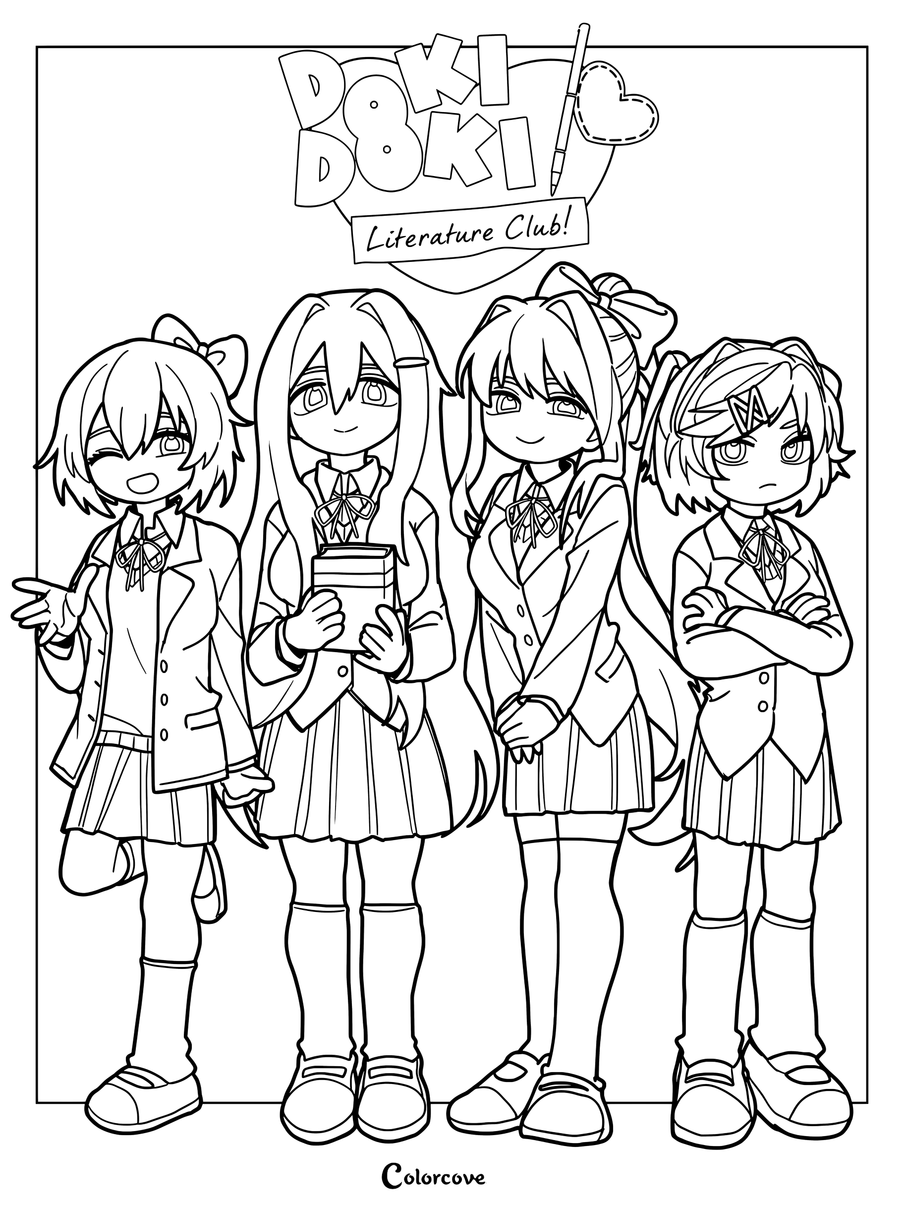 Dibujo para colorear de Doki Doki Literature Club que presenta a Sayori, Yuri sosteniendo un libro, Monika y Natsuki de pie una al lado de la otra con uniformes escolares.