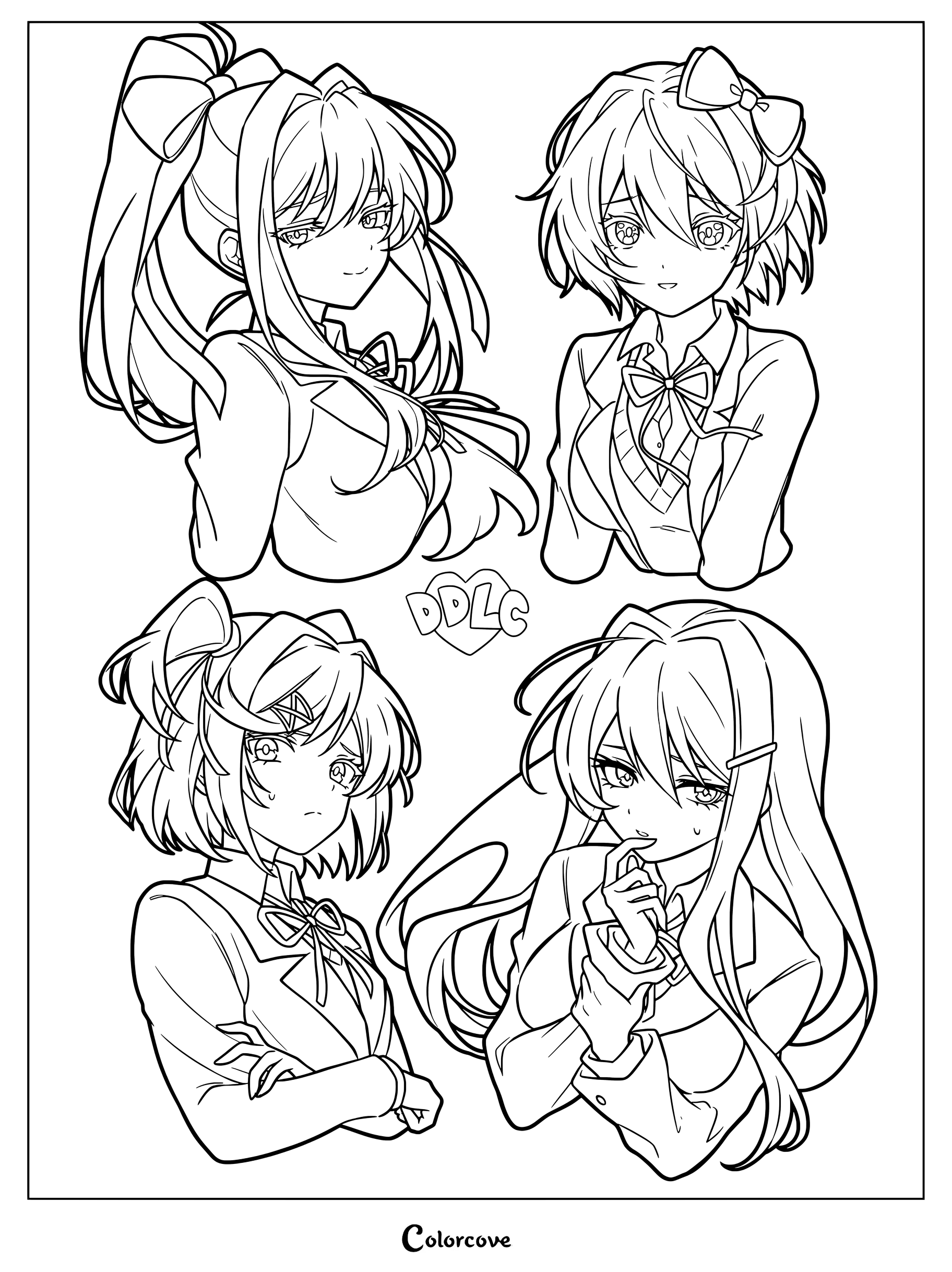 Dibujo para colorear de Doki Doki Literature Club que presenta un fan art de los cuatro personajes principales: Monika, Sayori, Natsuki y Yuri.
