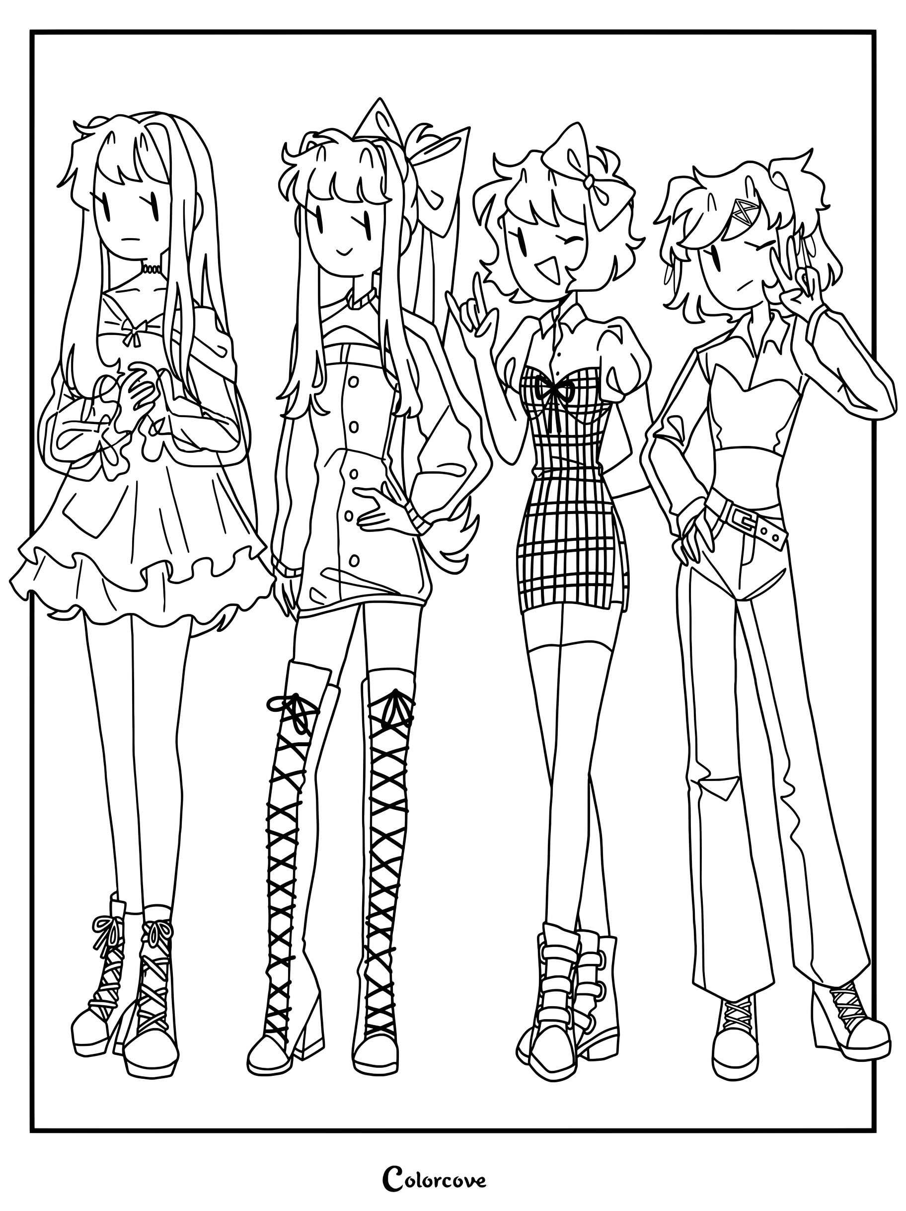 Un dibujo para colorear detallado que presenta un fan art de los cuatro personajes principales de la novela visual Doki Doki Literature Club con un estilo de atuendos modernos y a la moda.