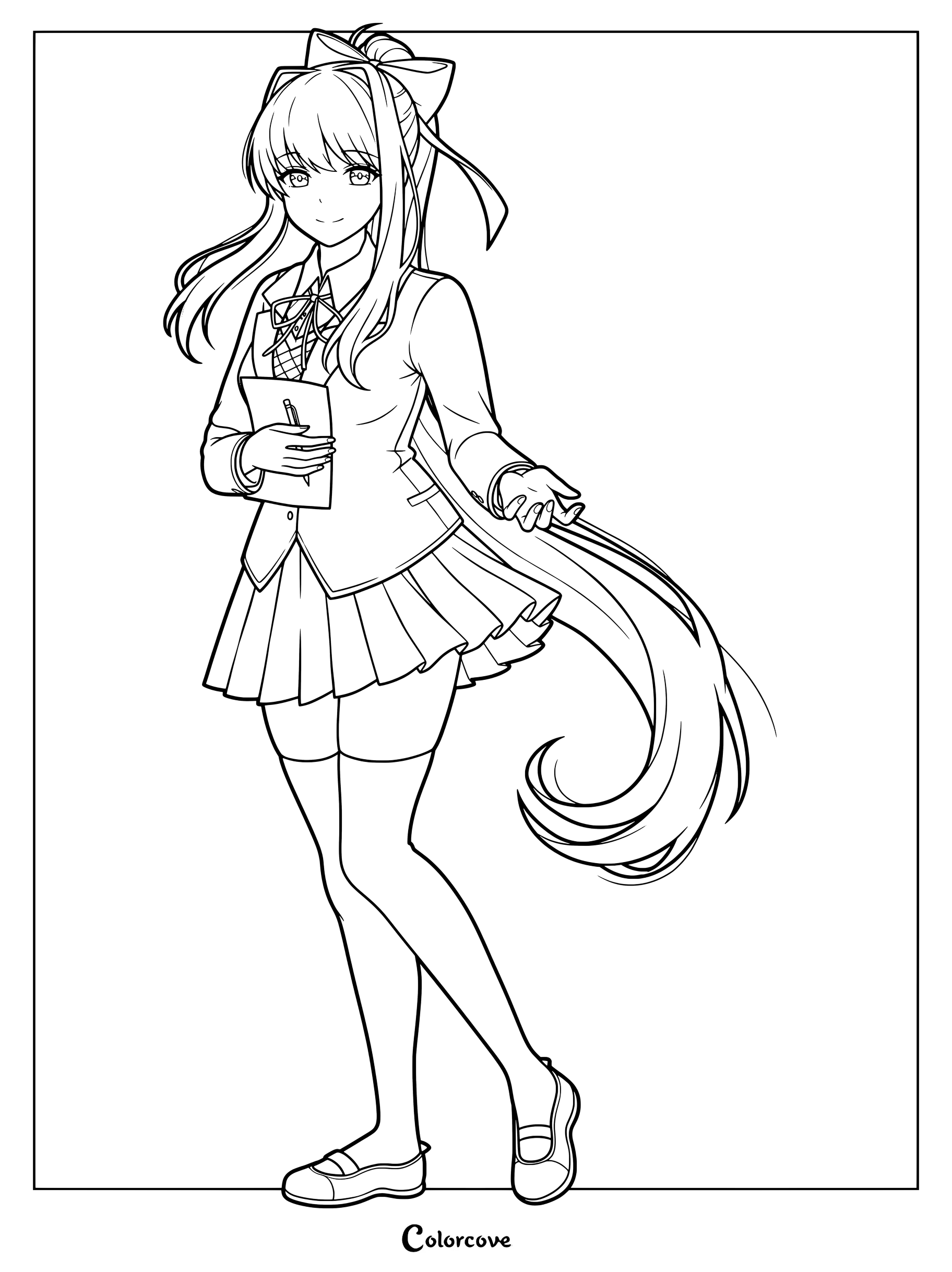 Dibujo para colorear de Monika de Doki Doki Literature Club sosteniendo una tableta de escritura y un bolígrafo con cabello largo y uniforme.