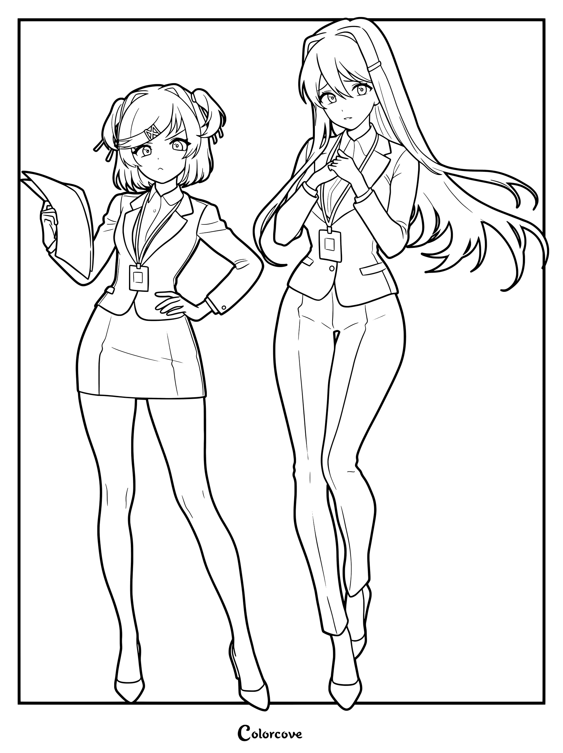 Un dibujo para colorear que muestra a los personajes Natsuki y Yuri de Doki Doki Literature Club! vestidos con ropa de oficina, con Natsuki sosteniendo papeles y Yuri con las manos juntas.