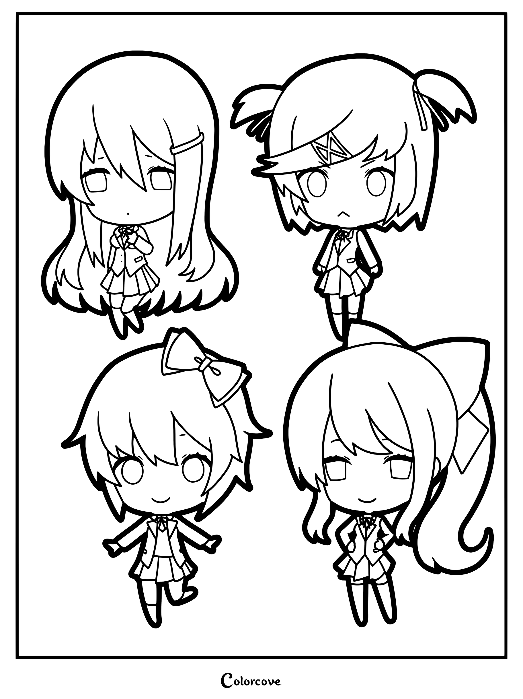 Dibujo para colorear imprimible gratuito que presenta a los personajes chibi (o Sticker Dokis) de la novela visual Doki Doki Literature Club!.
